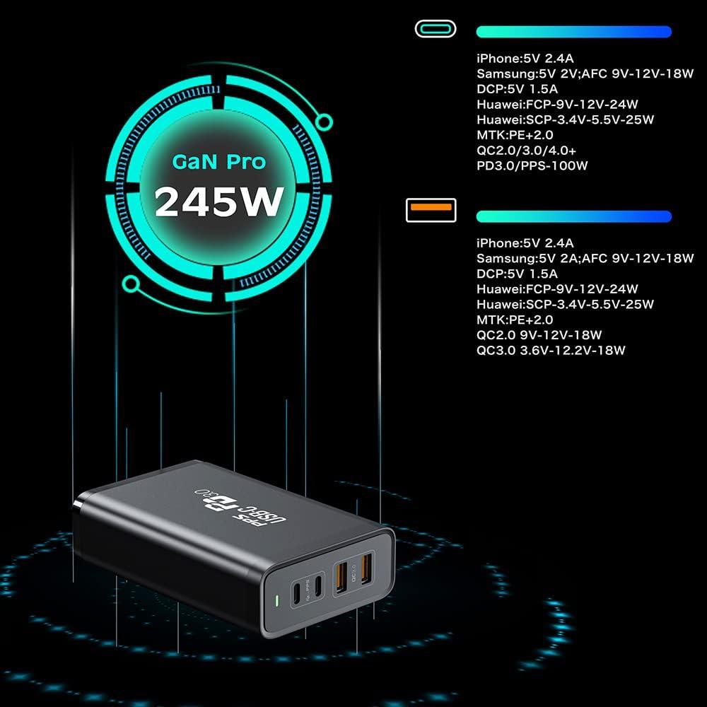 Cargador de escritorio USB C 245W GaN 4 puertos rápido