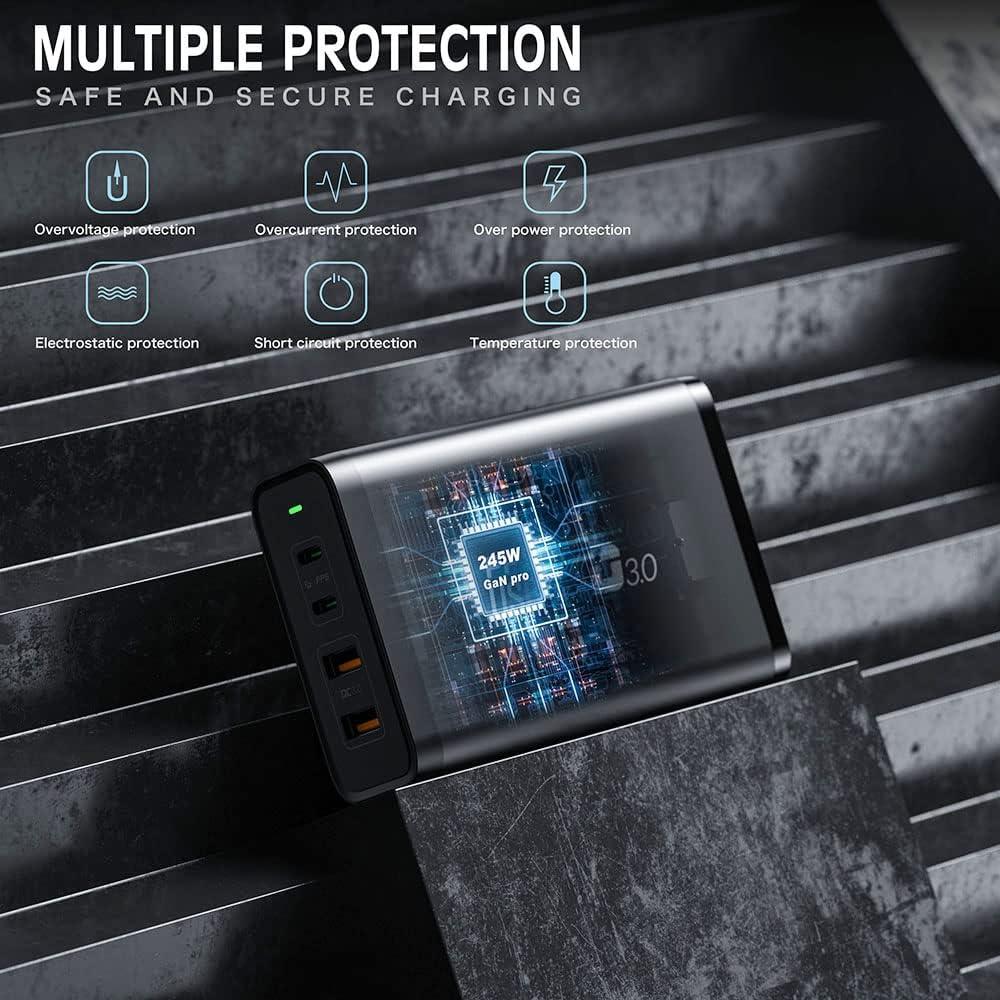 Cargador de escritorio USB C 245W GaN 4 puertos rápido
