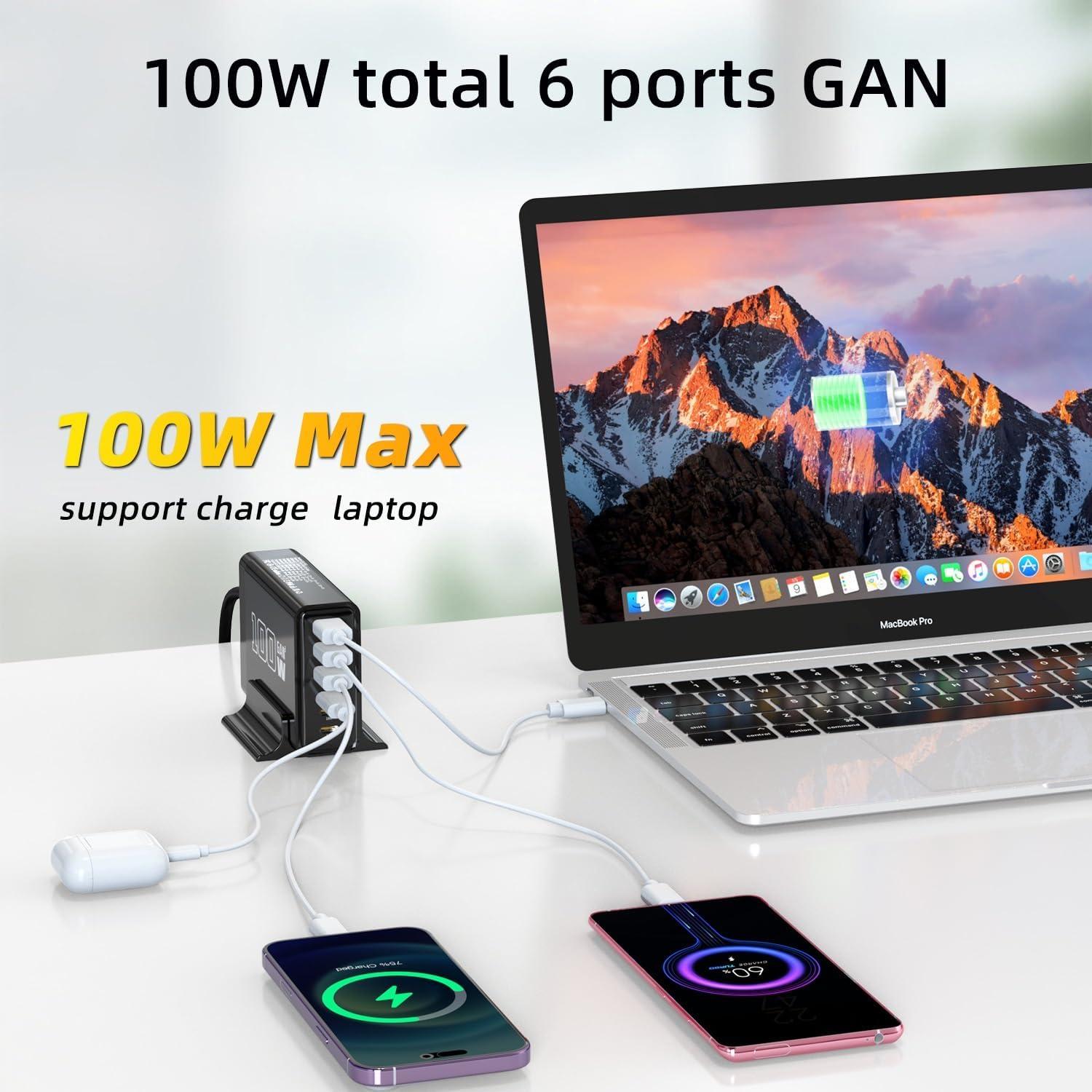 Cargador Rápido USB MaxLax 100W GaN 6 Puertos Negro