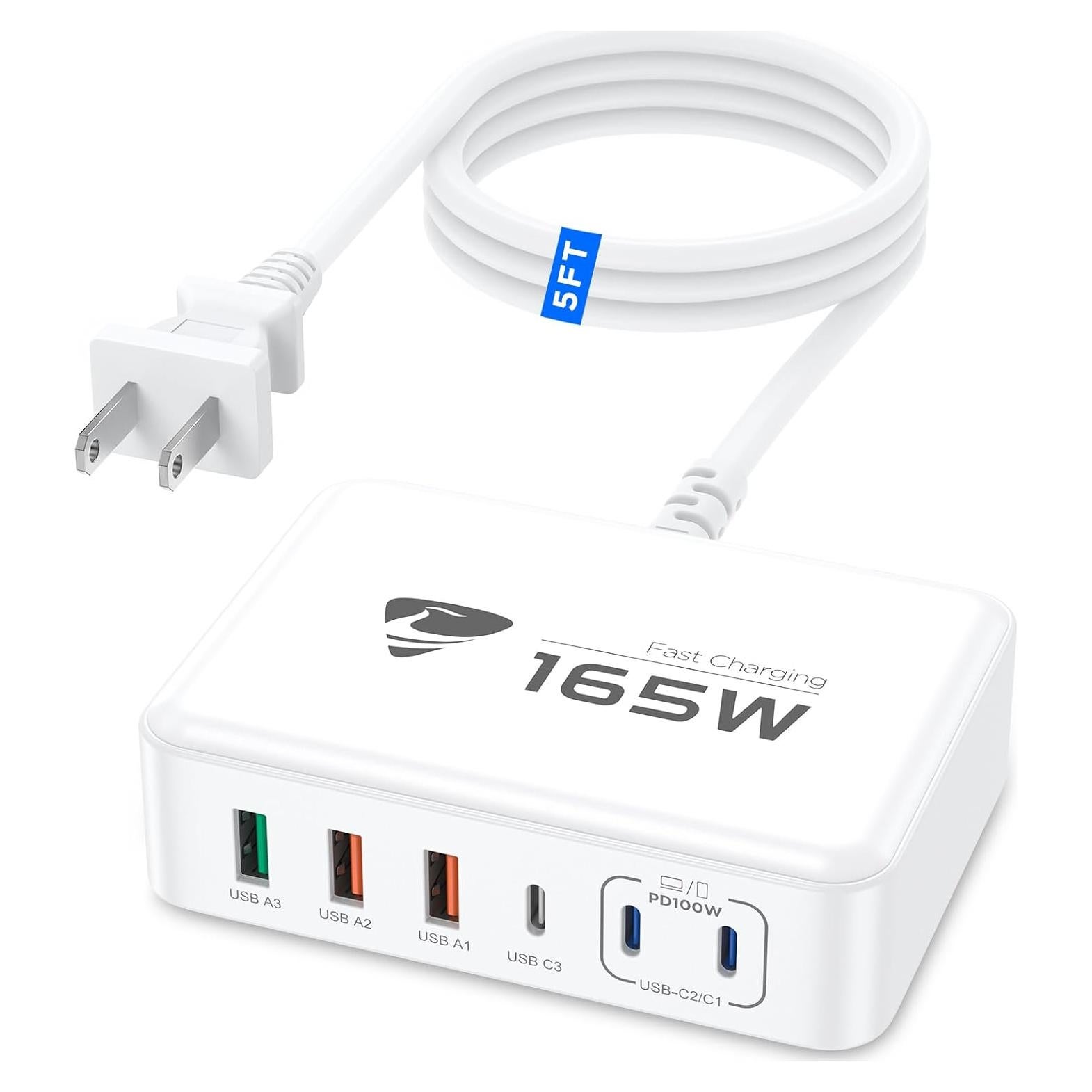 Cargador USB-C 165W Aione con 6 Puertos y Cable 1.52m