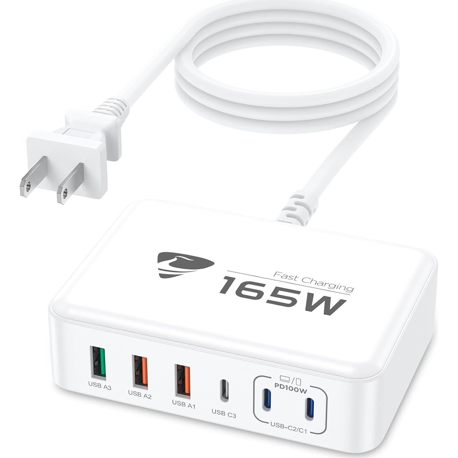 Cargador USB-C 165W Aione con 6 Puertos y Cable 1.52m