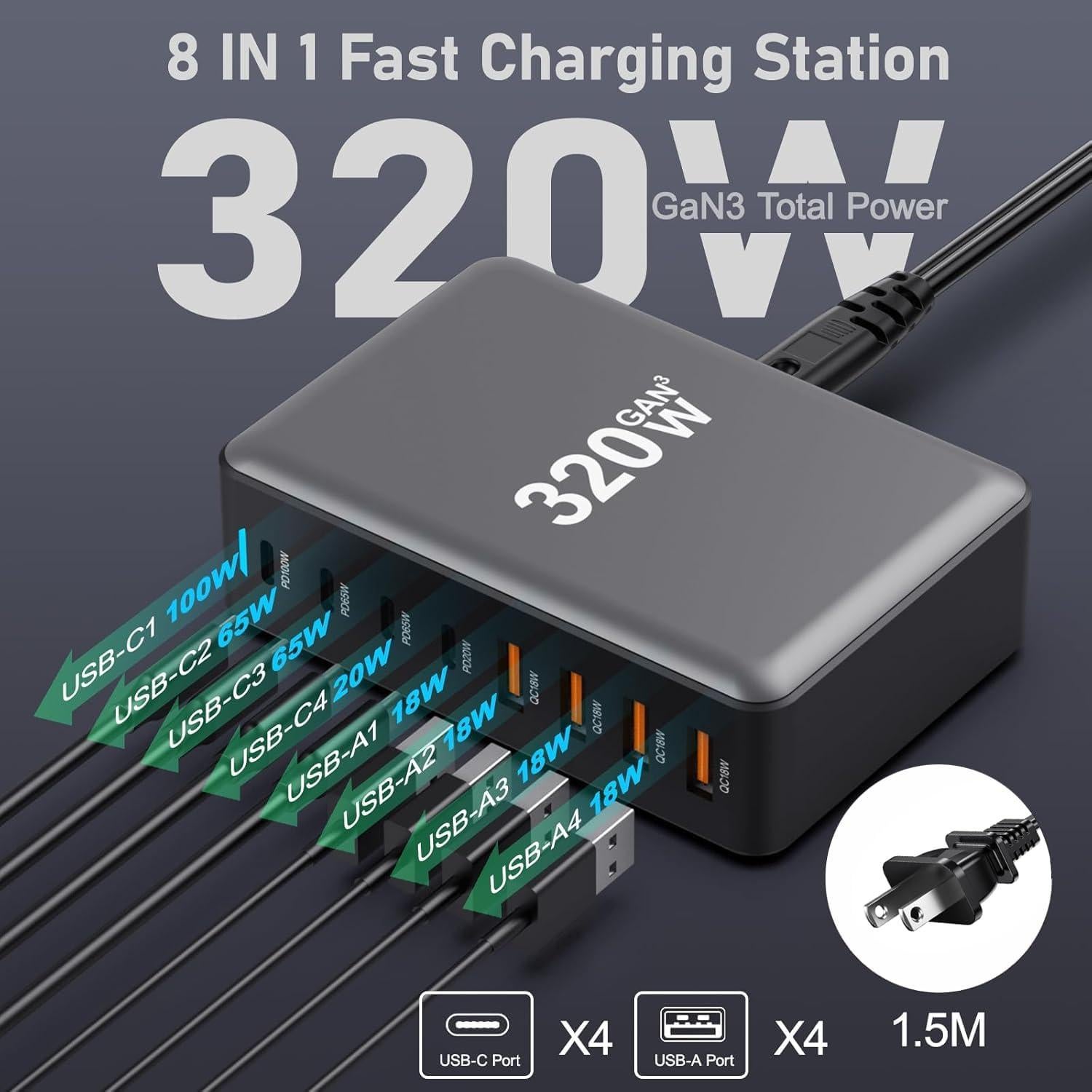 Cargador USB C 320W NXPGKEA Estación de Carga Rápida 8 Puertos