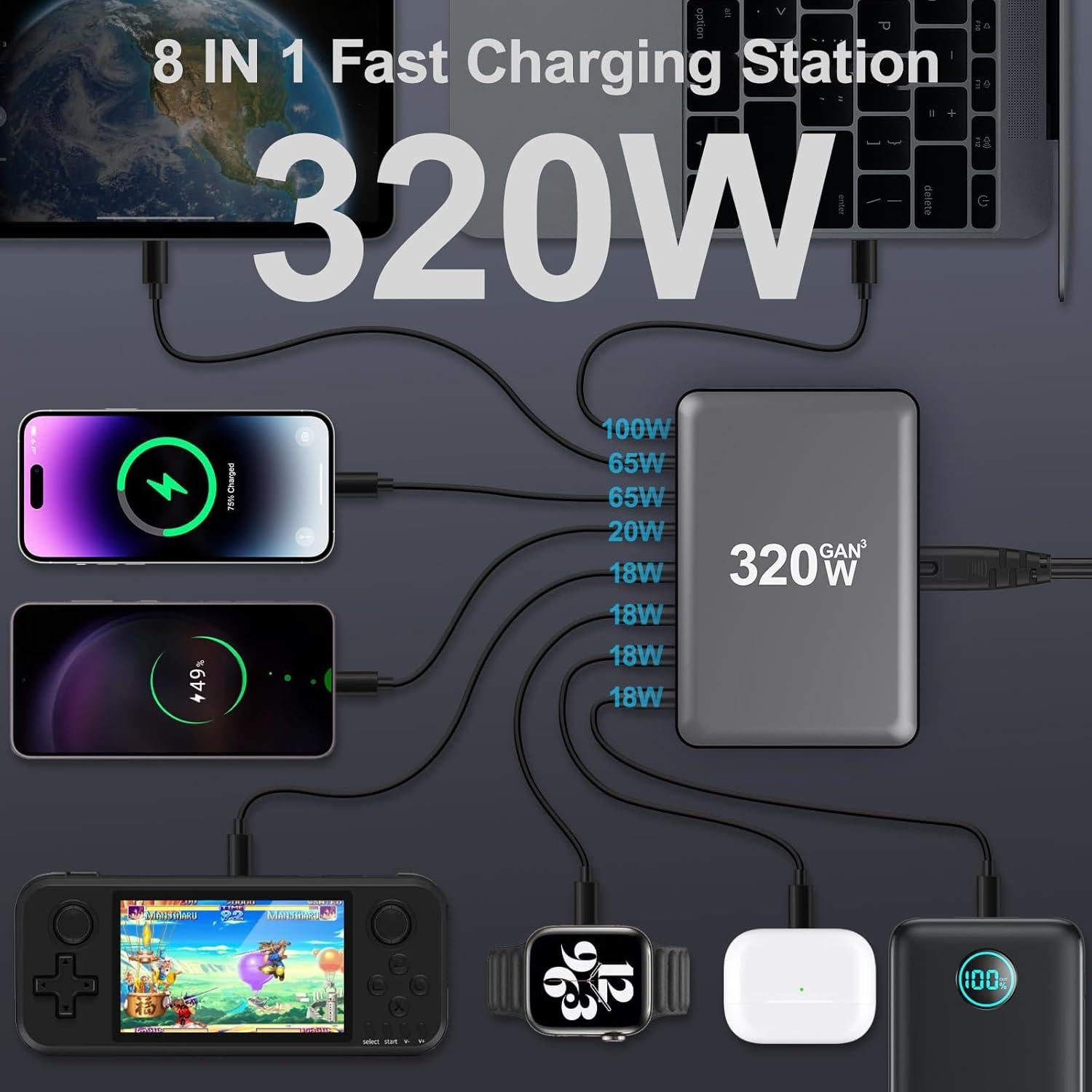 Cargador USB C 320W NXPGKEA Estación de Carga Rápida 8 Puertos