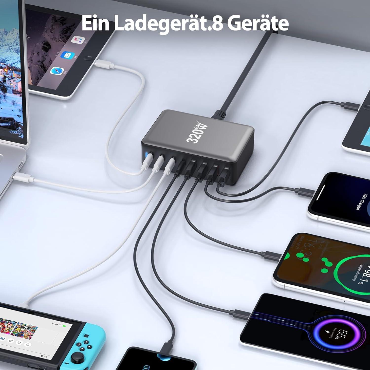 Cargador USB C 320W NXPGKEA Estación de Carga Rápida 8 Puertos