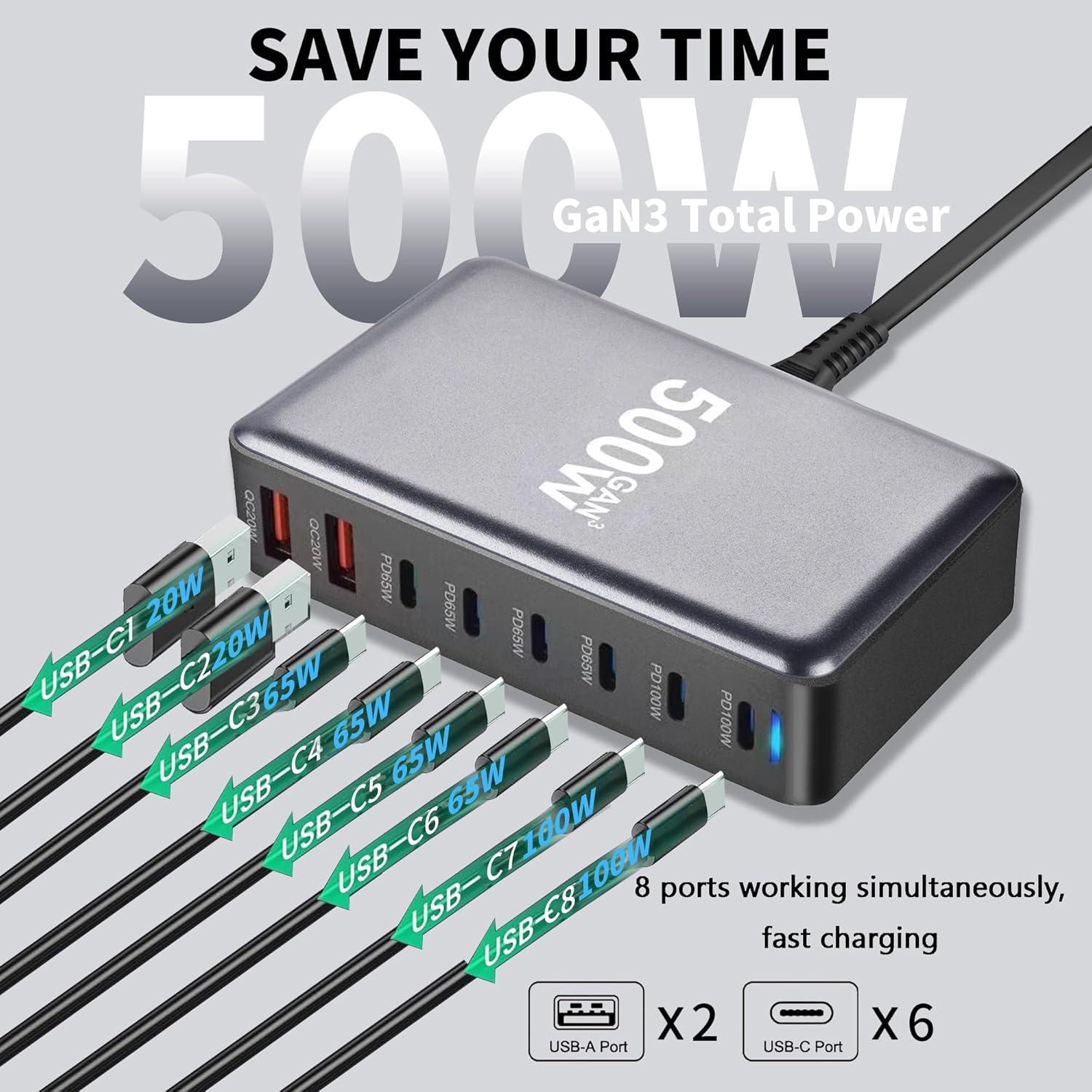 Estación de Carga Rápida USB-C 500W 8 Puertos KUANTEN