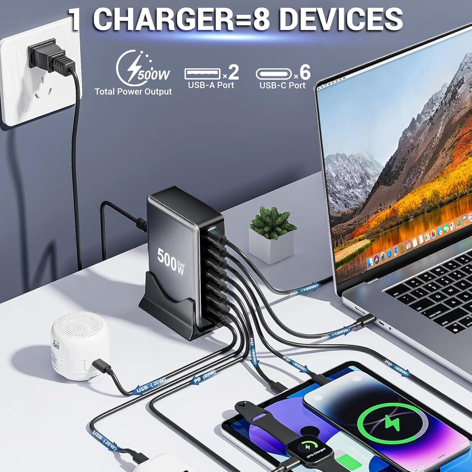 Cargador Rápido USB C 500W Perhanmm 8 Puertos Multiport
