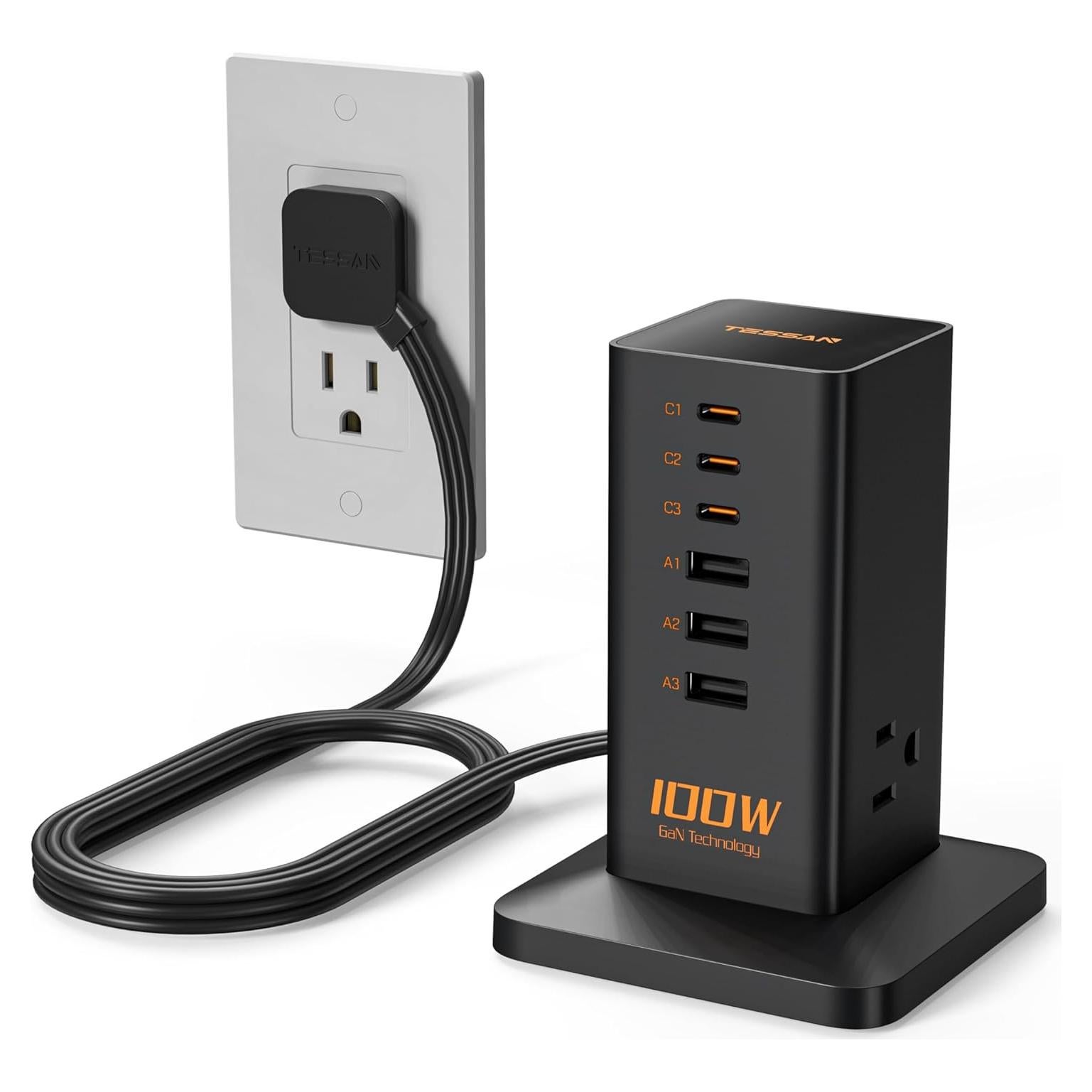 Estación de Carga TESSAN 100W 9-en-1 con 3 AC y USB