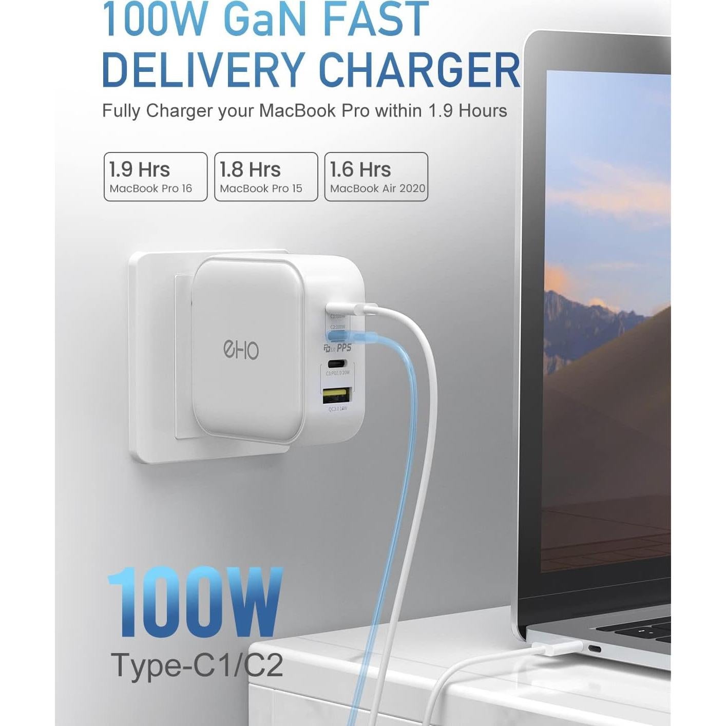 USB C Wall Charger, 100W PD 3.0 PPS 4-Port GaN III Fast Charger Type C Charging Station Foldable Power Adapter Travel Charger Block Compatible w/MacBook, Laptop, iPad, iPhone, Samsung and More-White