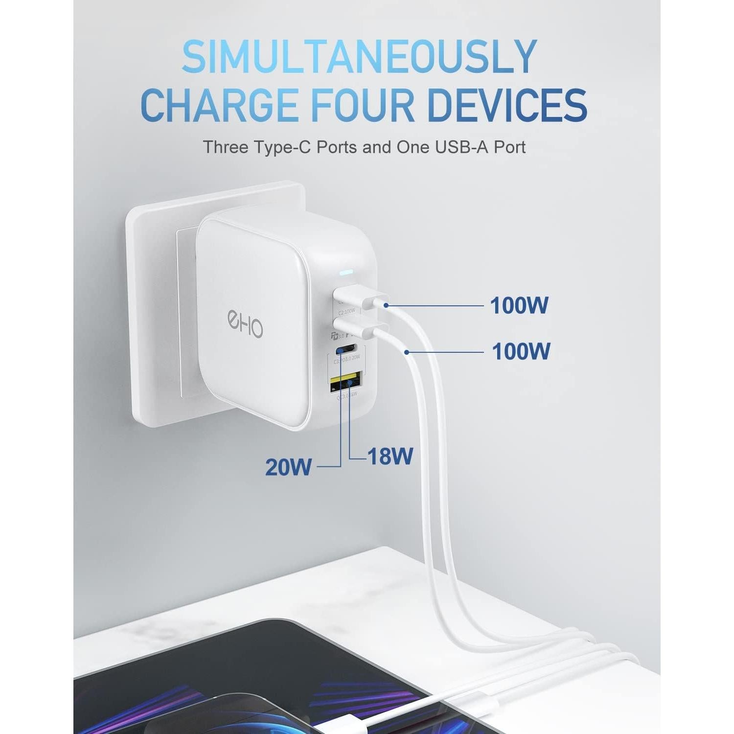 USB C Wall Charger, 100W PD 3.0 PPS 4-Port GaN III Fast Charger Type C Charging Station Foldable Power Adapter Travel Charger Block Compatible w/MacBook, Laptop, iPad, iPhone, Samsung and More-White