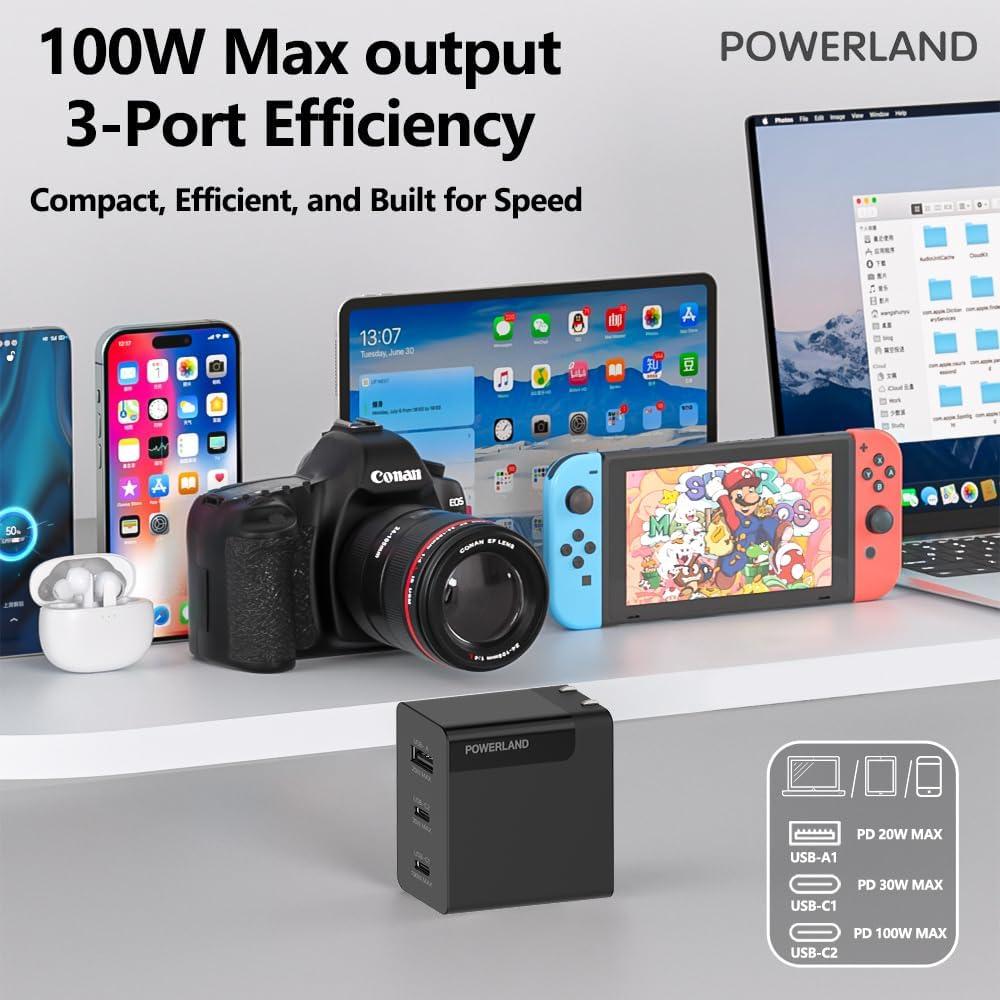 Cargador USB C 100W Powerland con 3 Puertos GaN III
