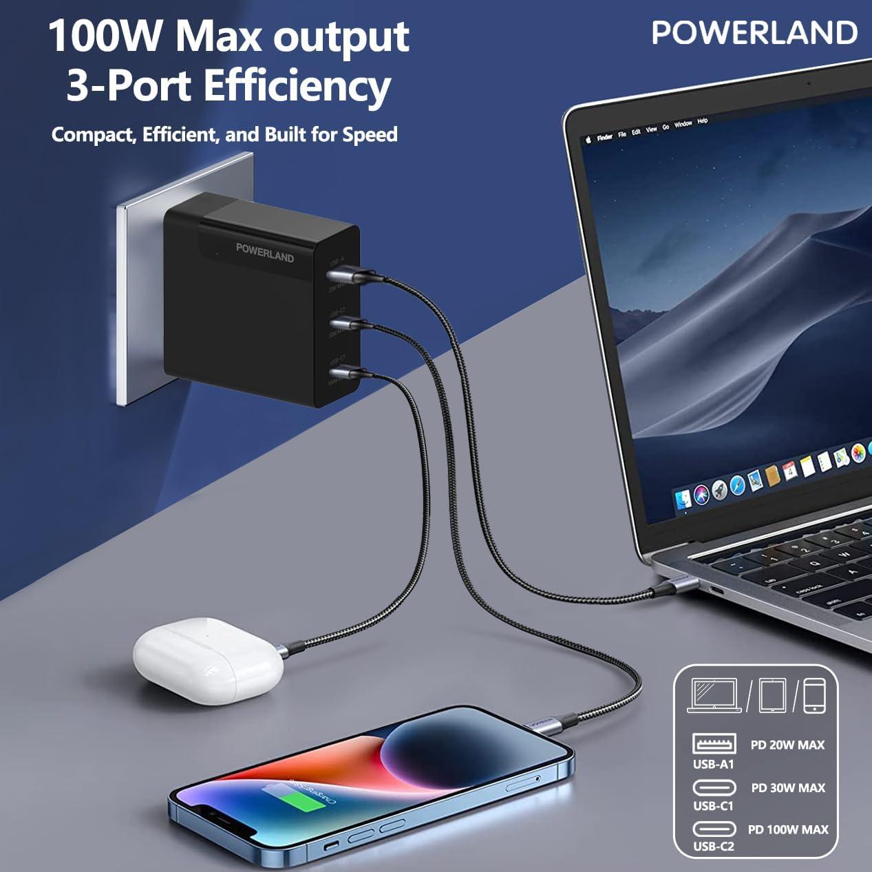 Cargador USB C 100W Powerland con 3 Puertos GaN III