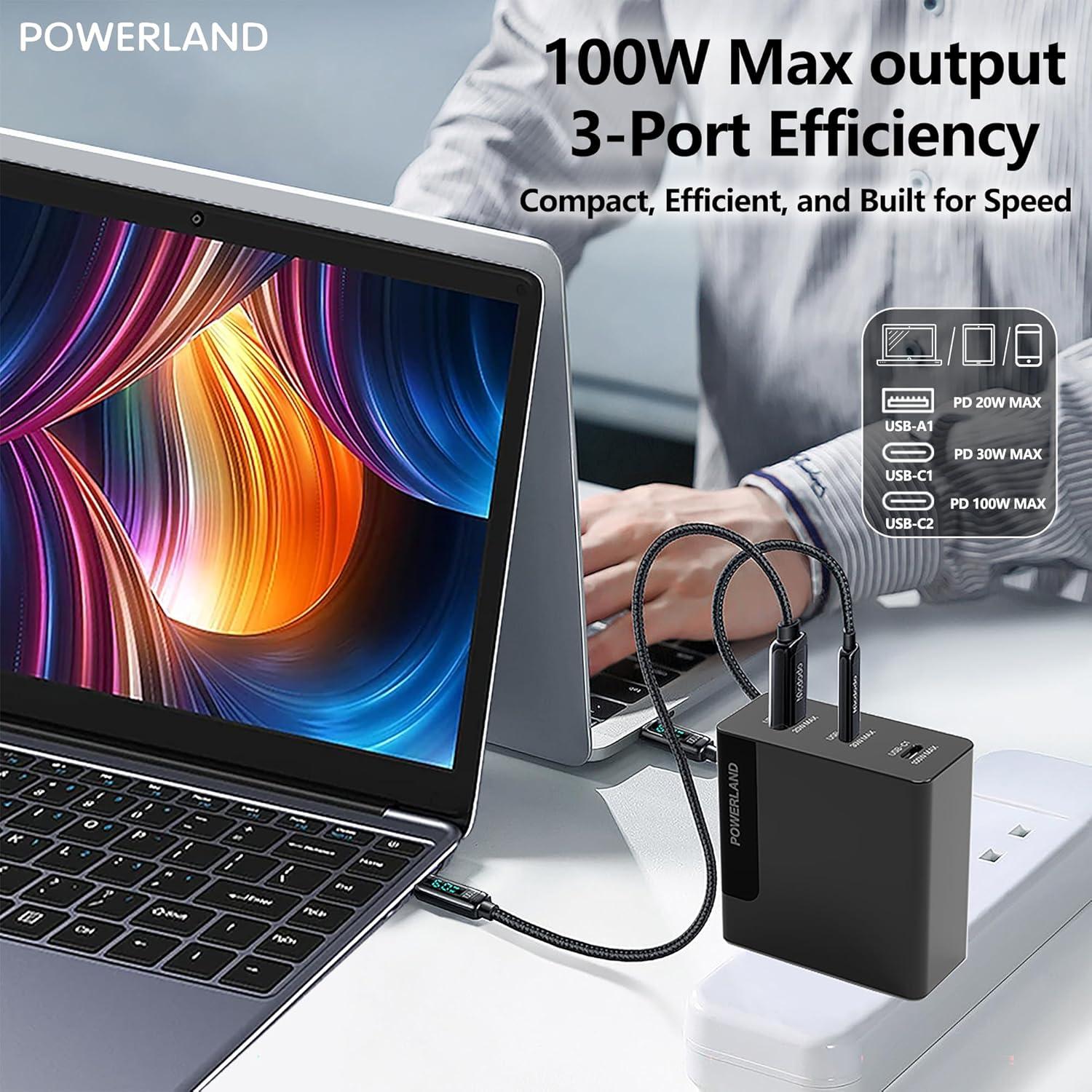 Cargador USB C 100W Powerland con 3 Puertos GaN III