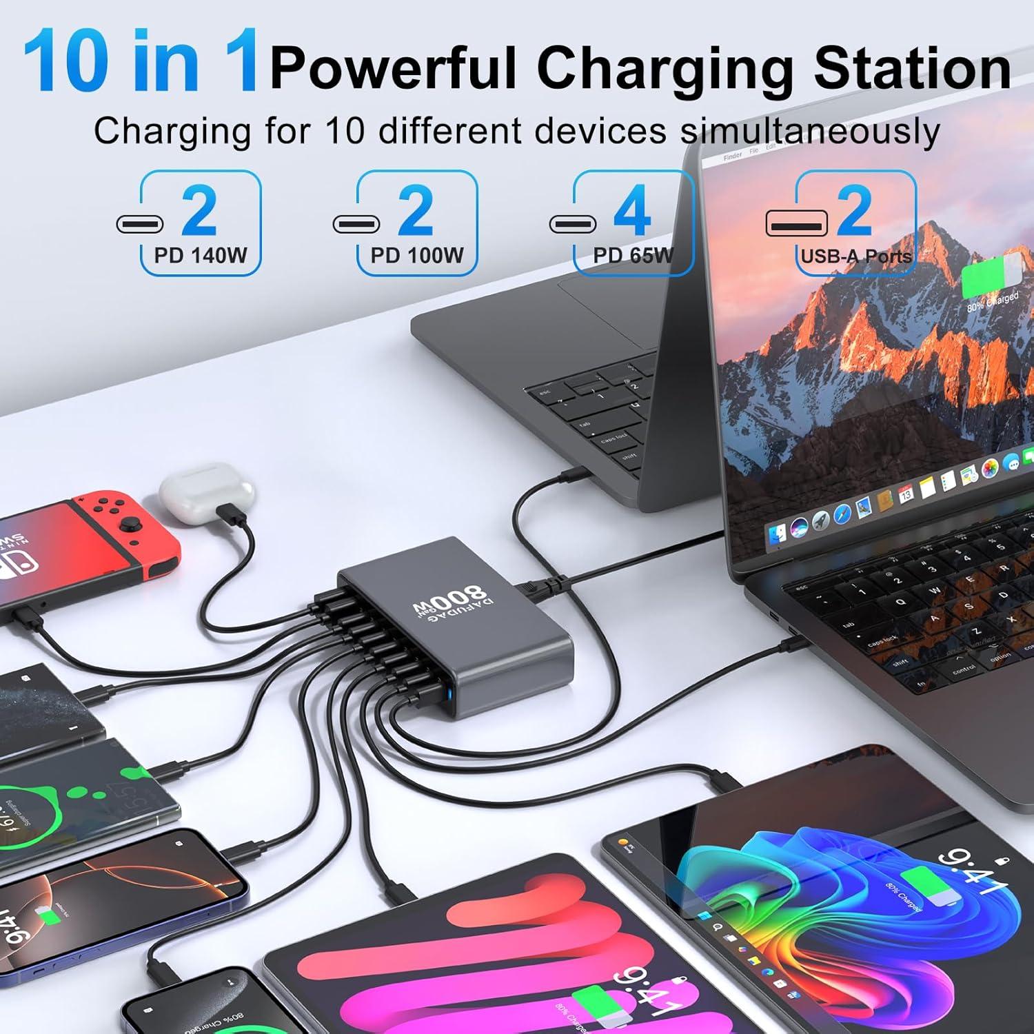 Cargador USB-C 800W GaN 10 Puertos Rápido para Laptops y Móviles