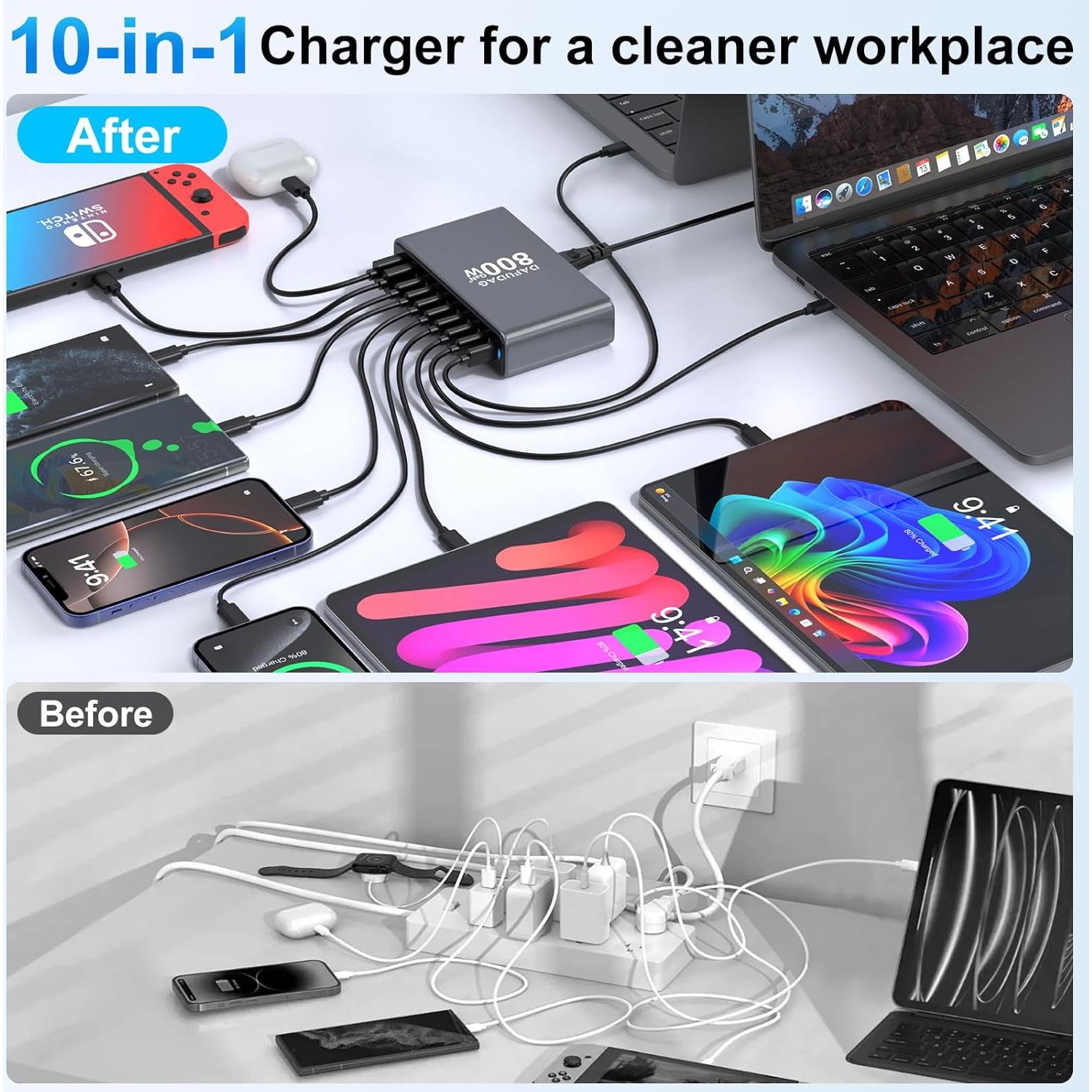 Cargador USB-C 800W GaN 10 Puertos Rápido para Laptops y Móviles