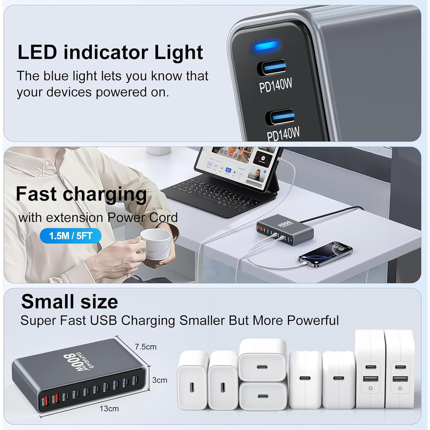 Cargador USB-C 800W GaN 10 Puertos Rápido para Laptops y Móviles