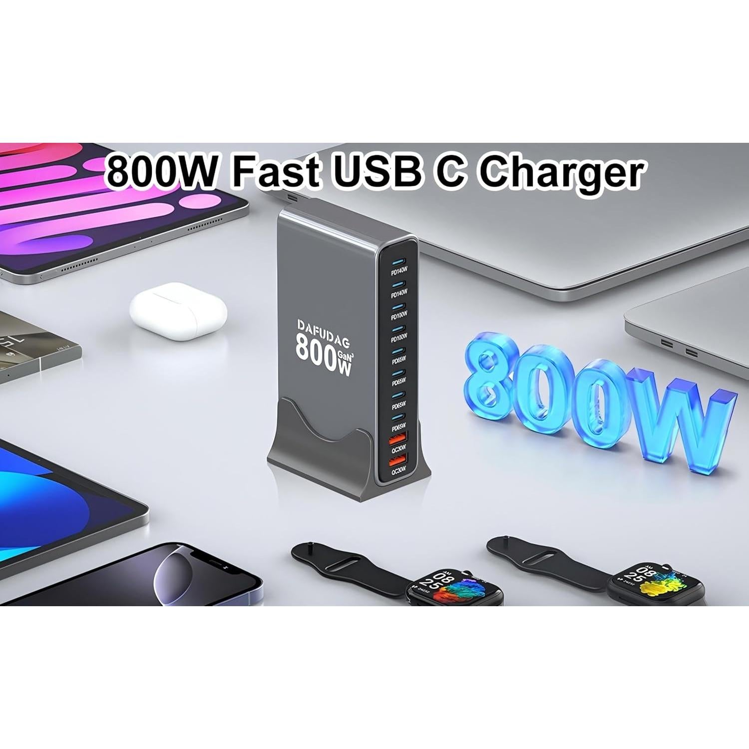 Cargador USB-C 800W GaN 10 Puertos Rápido para Laptops y Móviles