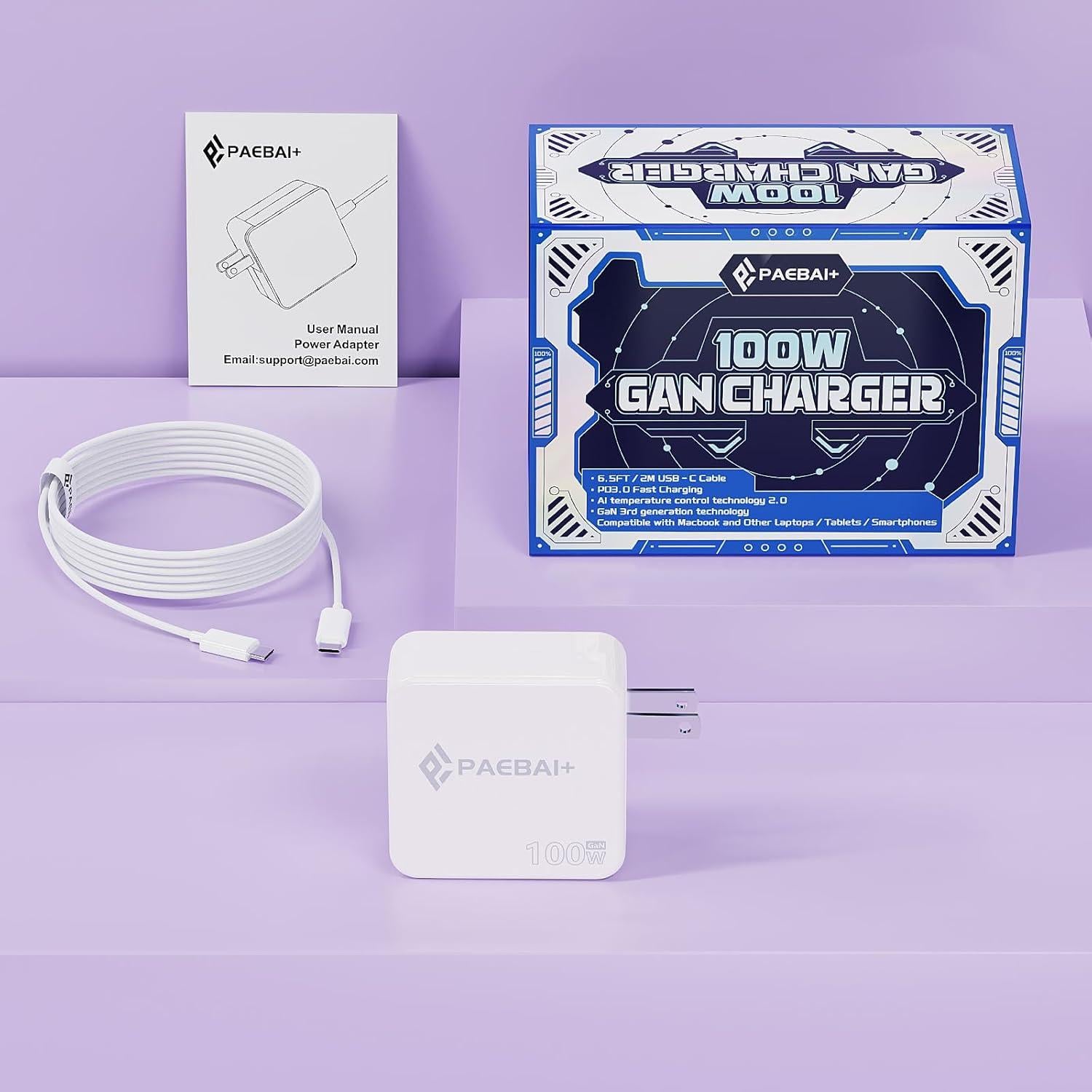 Cargador USB C PAEBAI+ 100W GaN PD3.0 Carga Rápida