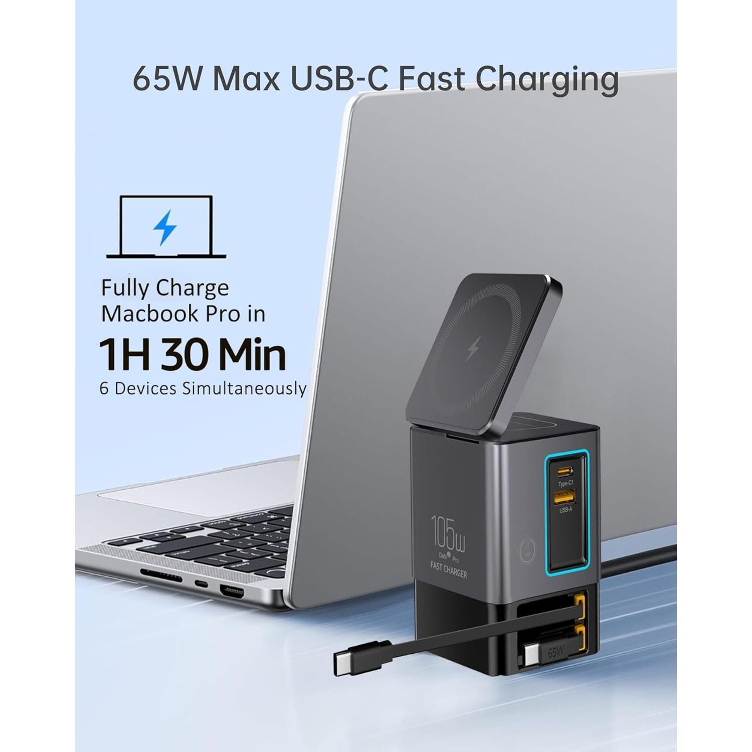 Cargador Retráctil 105W GaN 6-en-1 con Base Magnética - iPhone, MacBook