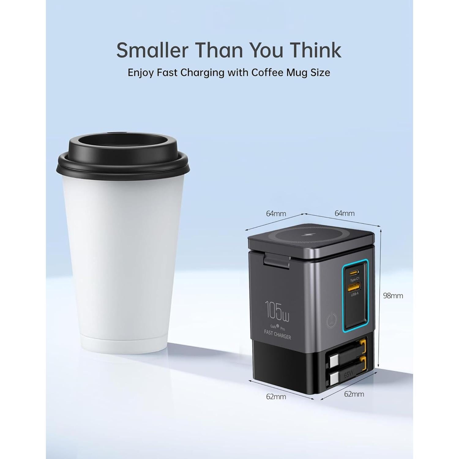 Cargador Retráctil 105W GaN 6-en-1 con Base Magnética - iPhone, MacBook