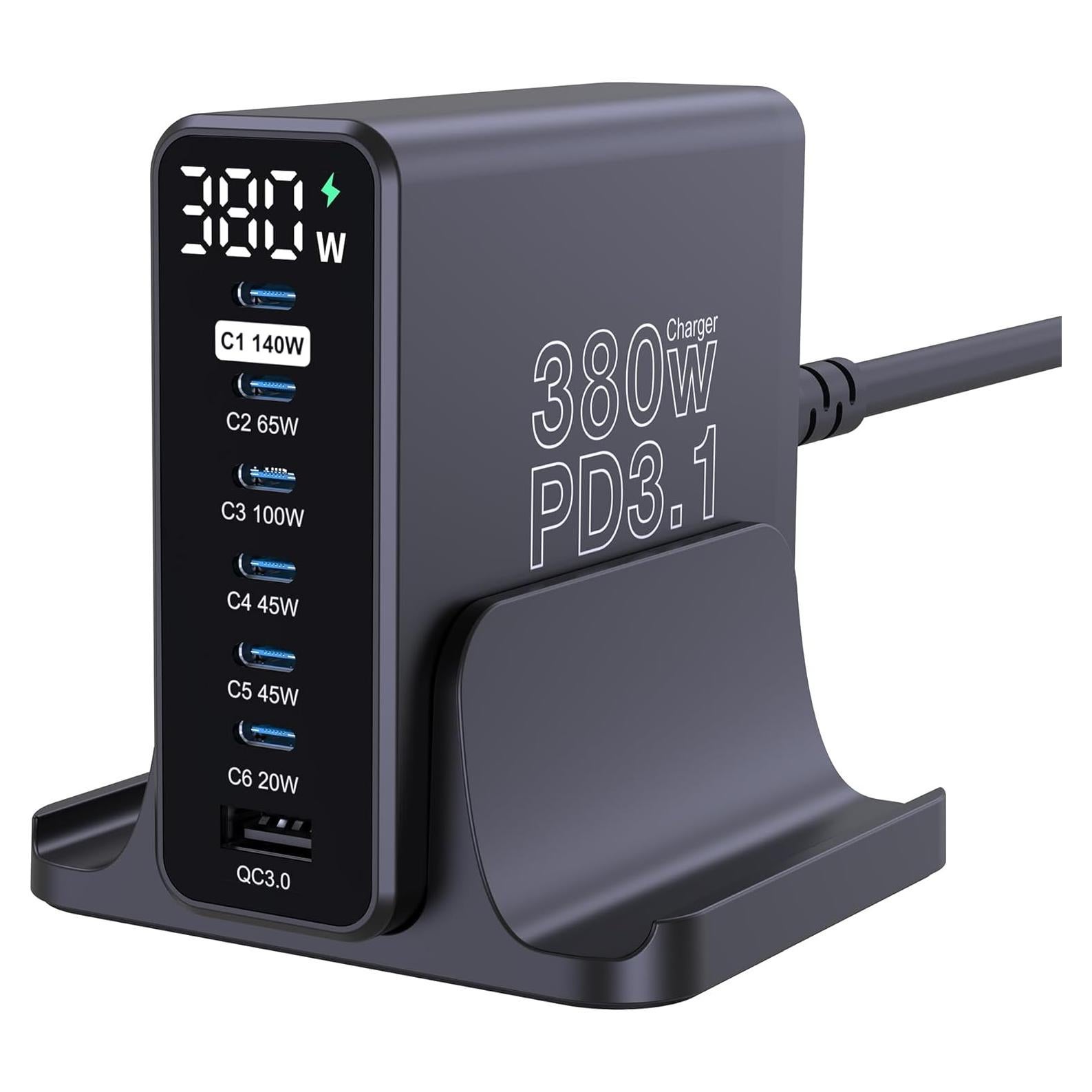 Cargador USB C URVNS 380W 7 Puertos PD3.1 Rápido con Pantalla LED