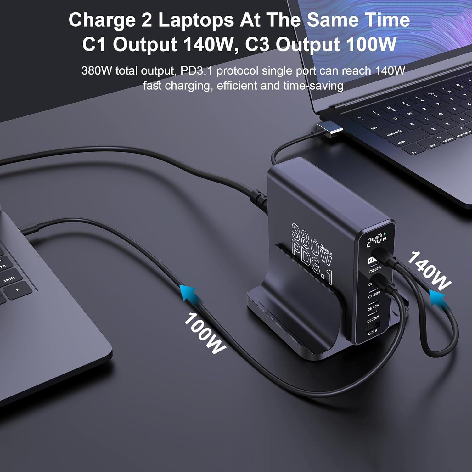 Cargador USB C URVNS 380W 7 Puertos PD3.1 Rápido con Pantalla LED