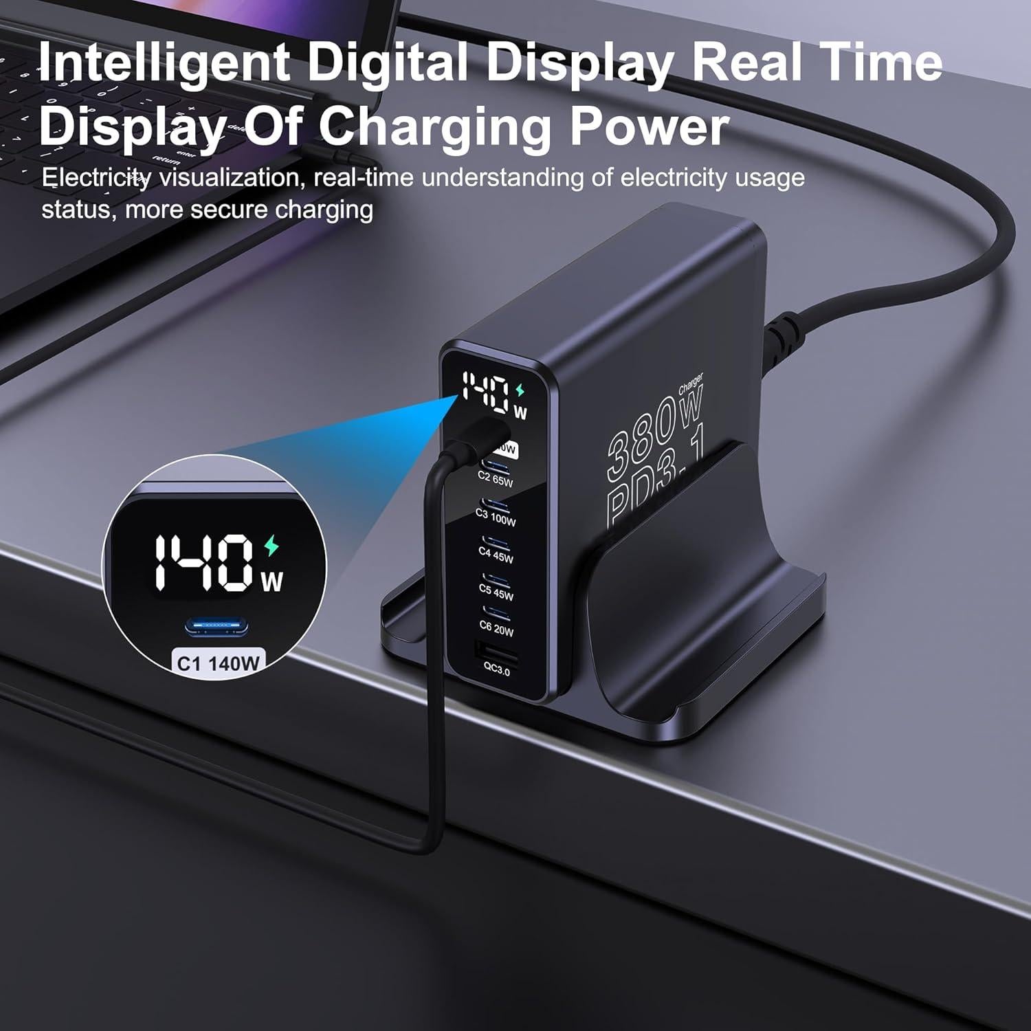 Cargador USB C URVNS 380W 7 Puertos PD3.1 Rápido con Pantalla LED