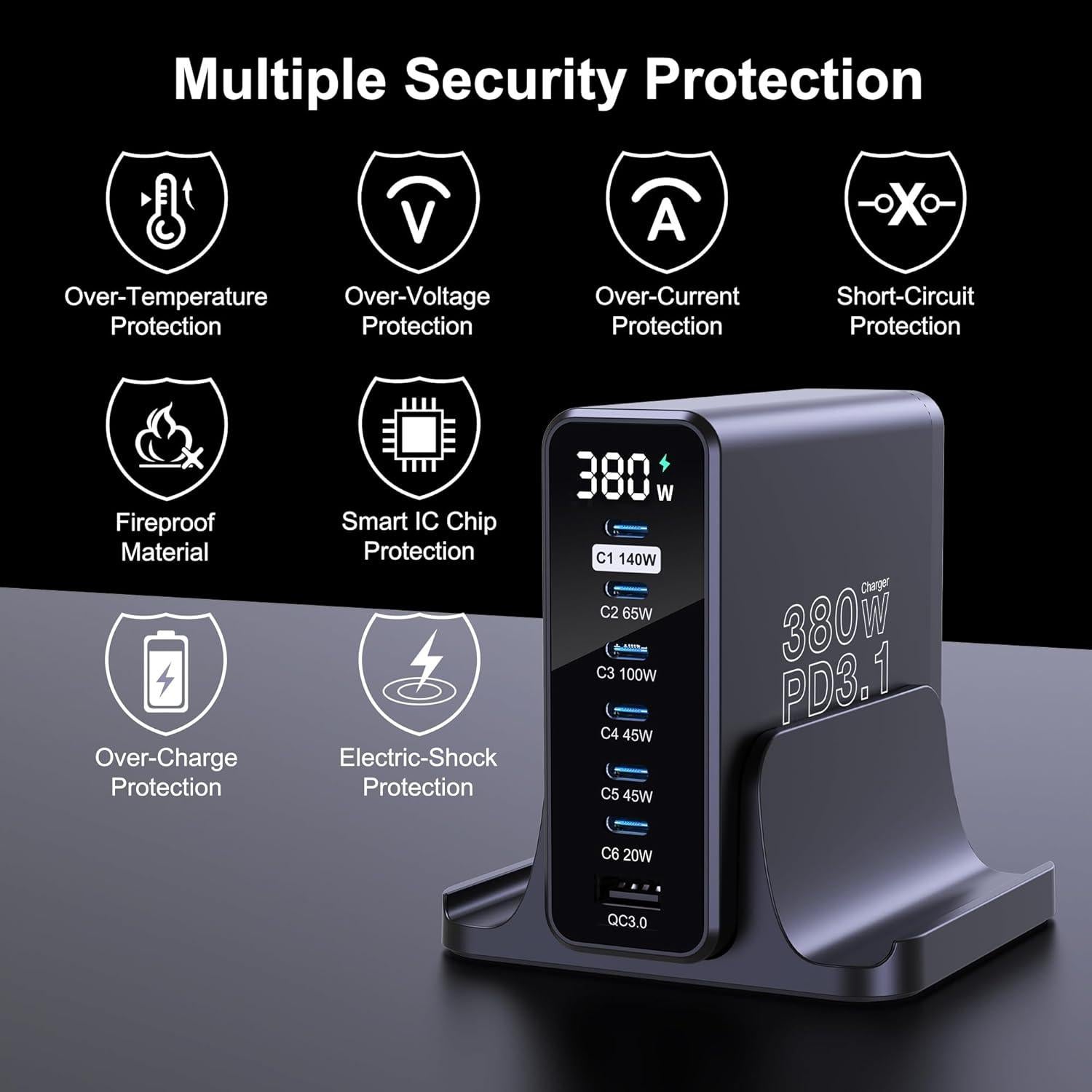 Cargador USB C URVNS 380W 7 Puertos PD3.1 Rápido con Pantalla LED