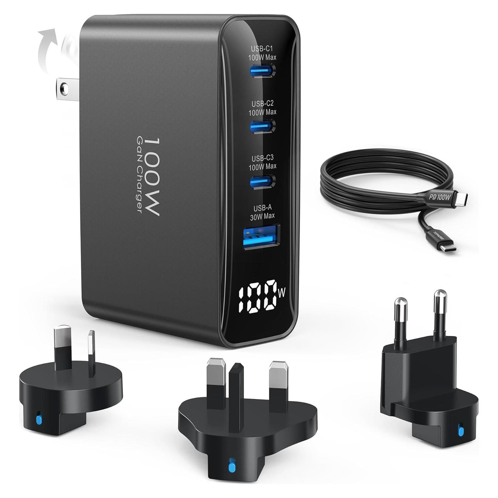 Cargador USB C 100W Topadre 4 Puertos Plegable Negro