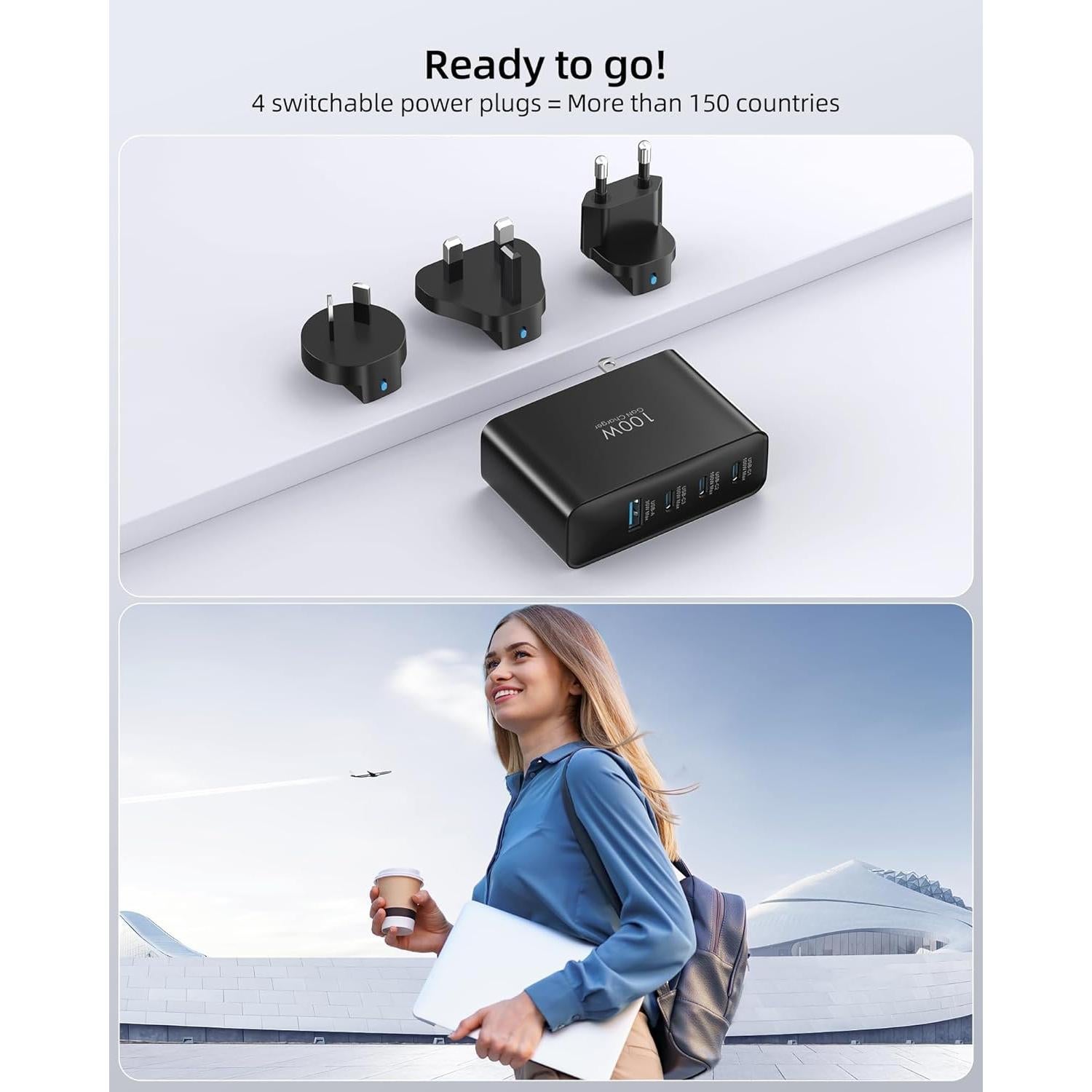 Cargador USB C 100W Topadre 4 Puertos Plegable Negro