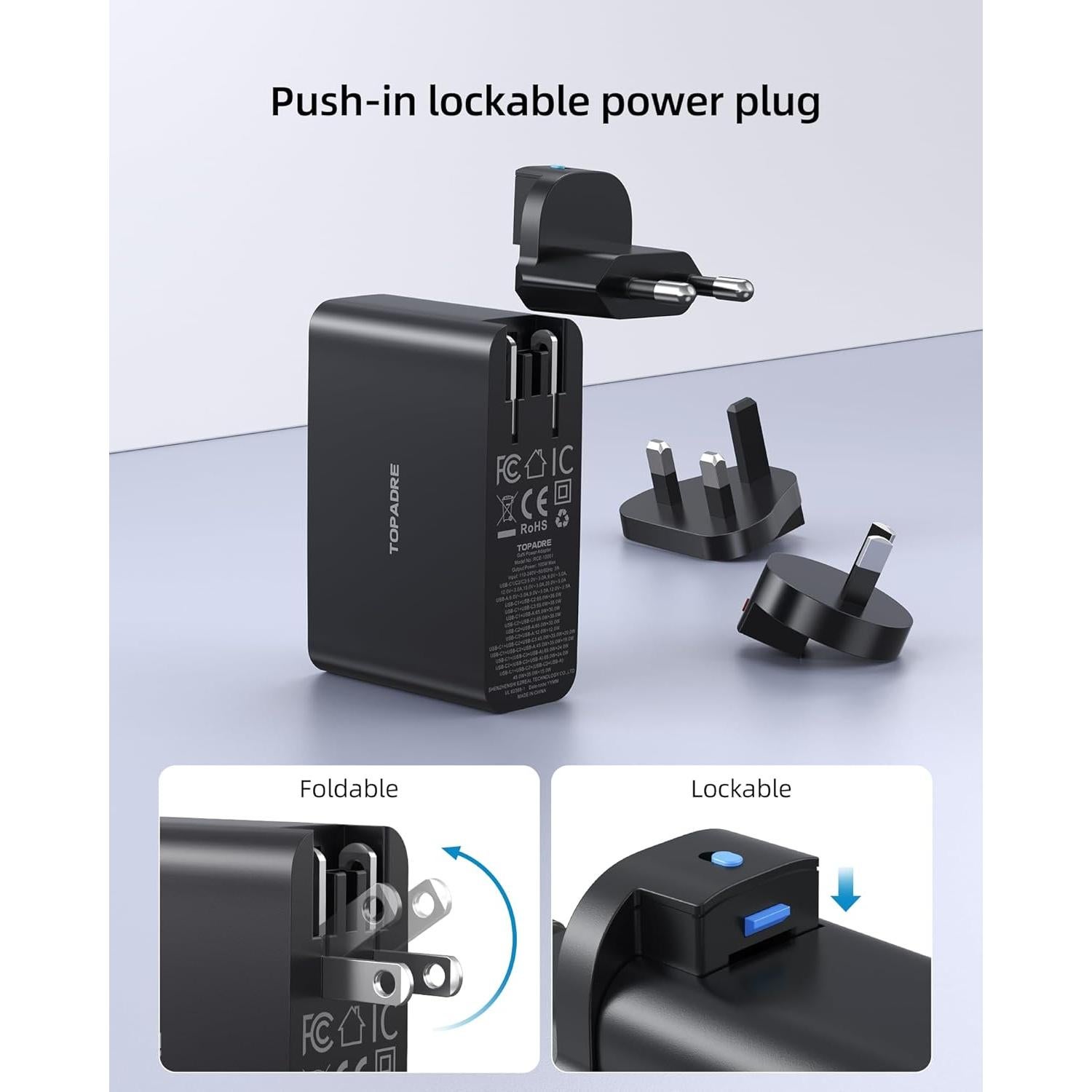 Cargador USB C 100W Topadre 4 Puertos Plegable Negro