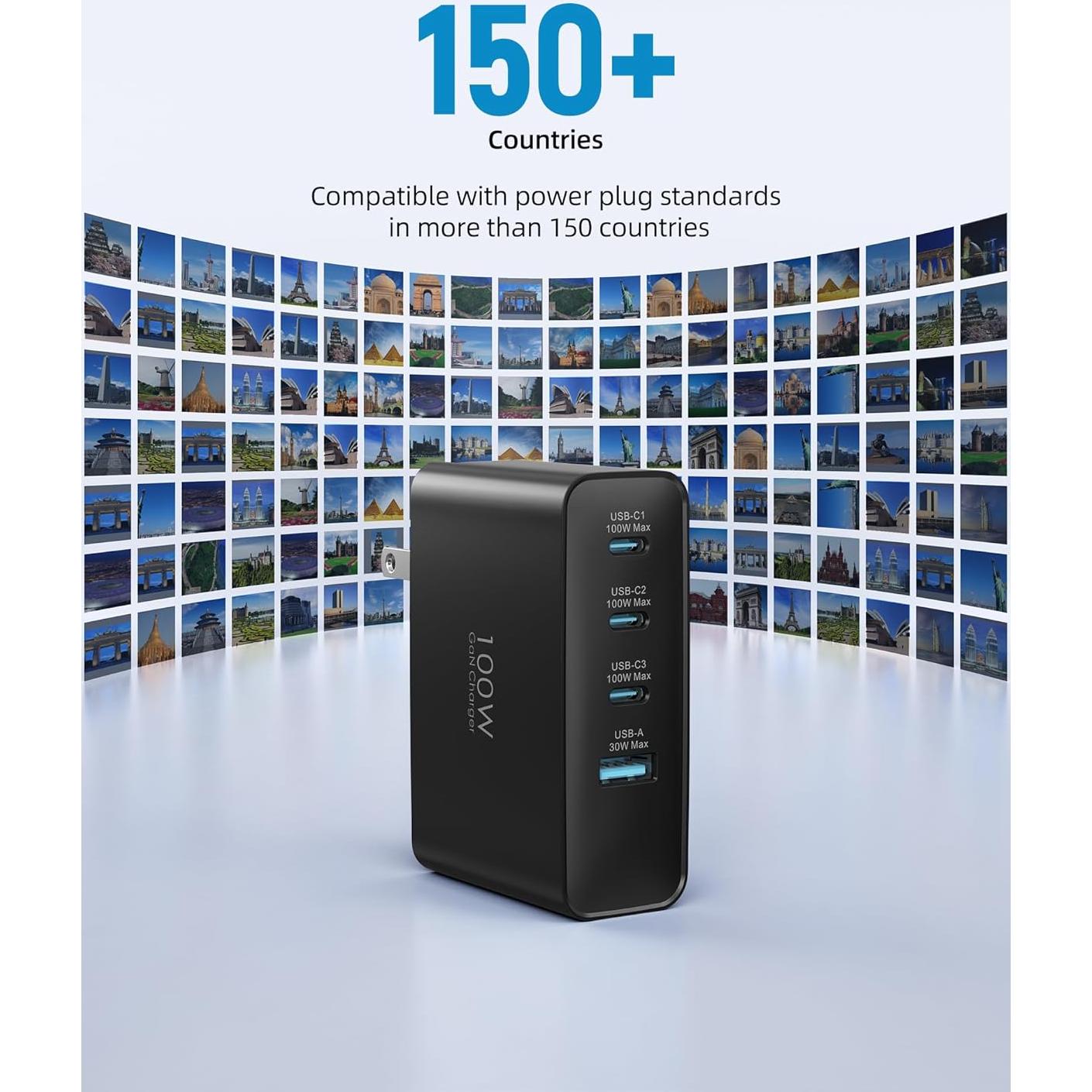 Cargador USB C 100W Topadre 4 Puertos Plegable Negro