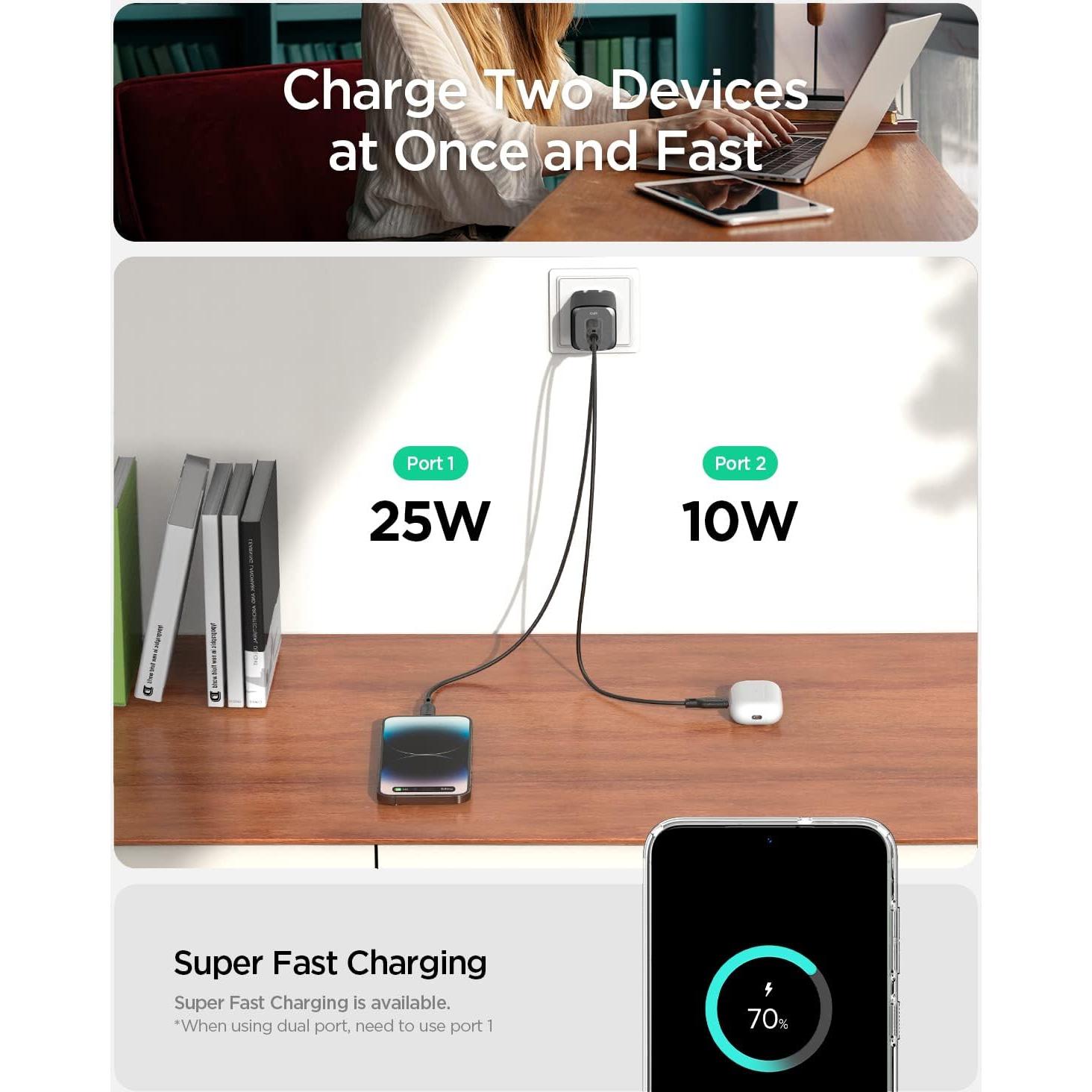 Cargador de Pared USB-C Spigen GaN 352 35W 2 Puertos Blanco