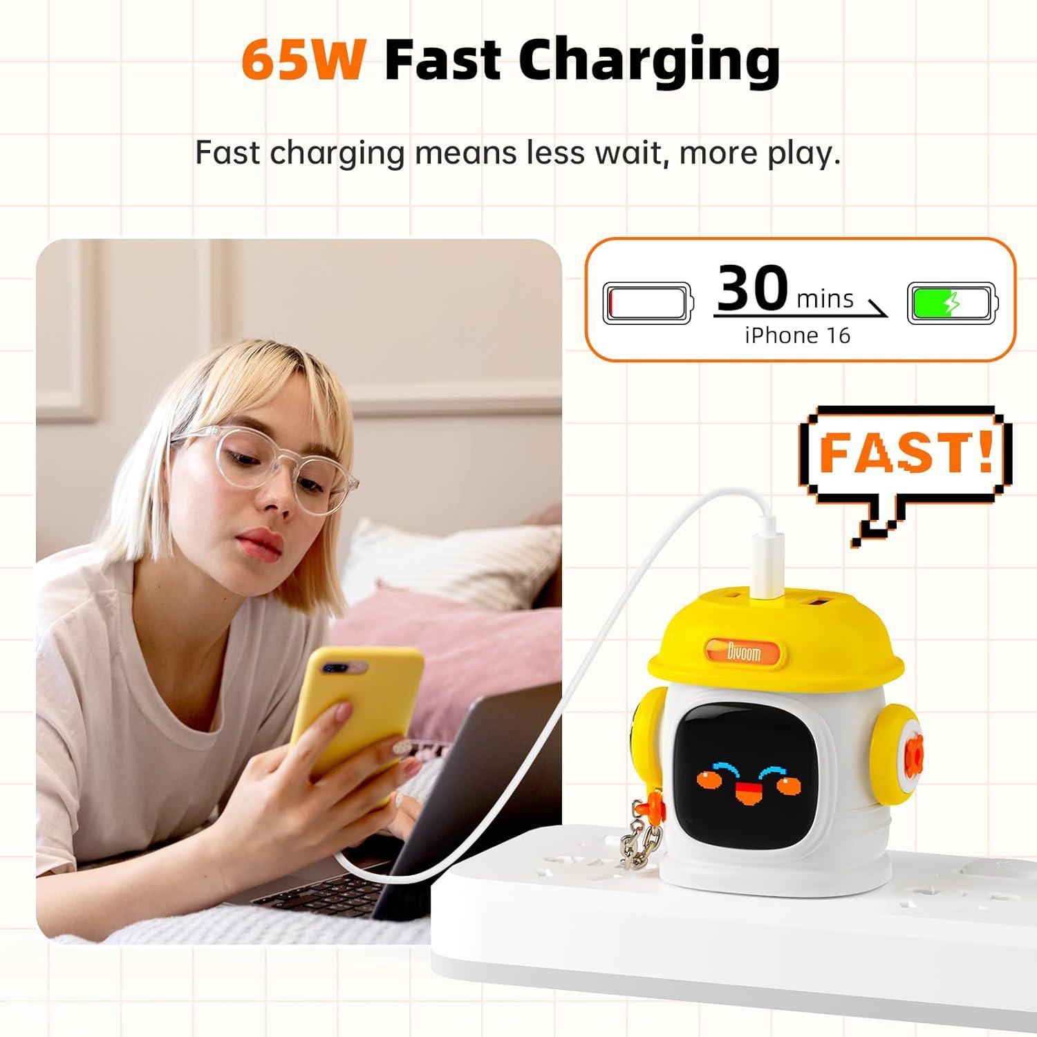 Cargador Divoom Dipow 65W USB-C 3 Puertos Rápido Amarillo