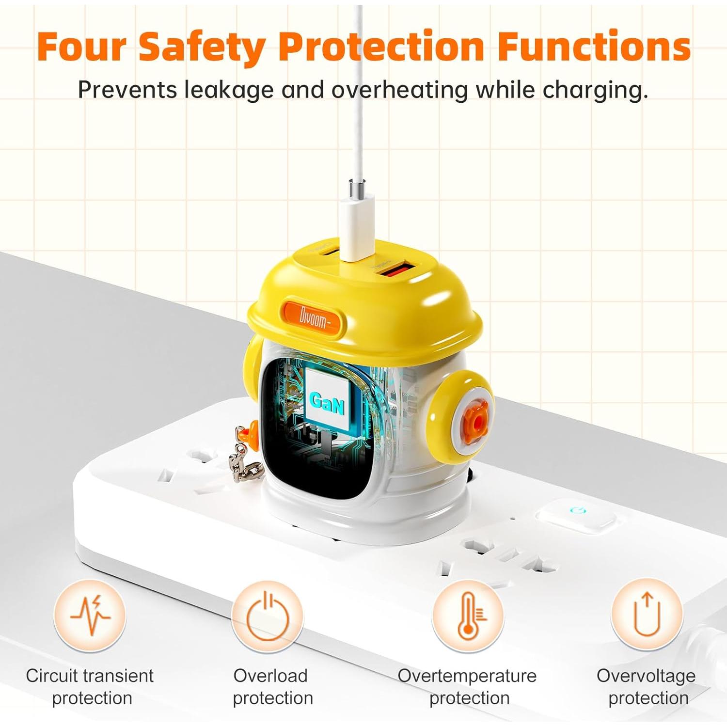 Cargador Divoom Dipow 65W USB-C 3 Puertos Rápido Amarillo
