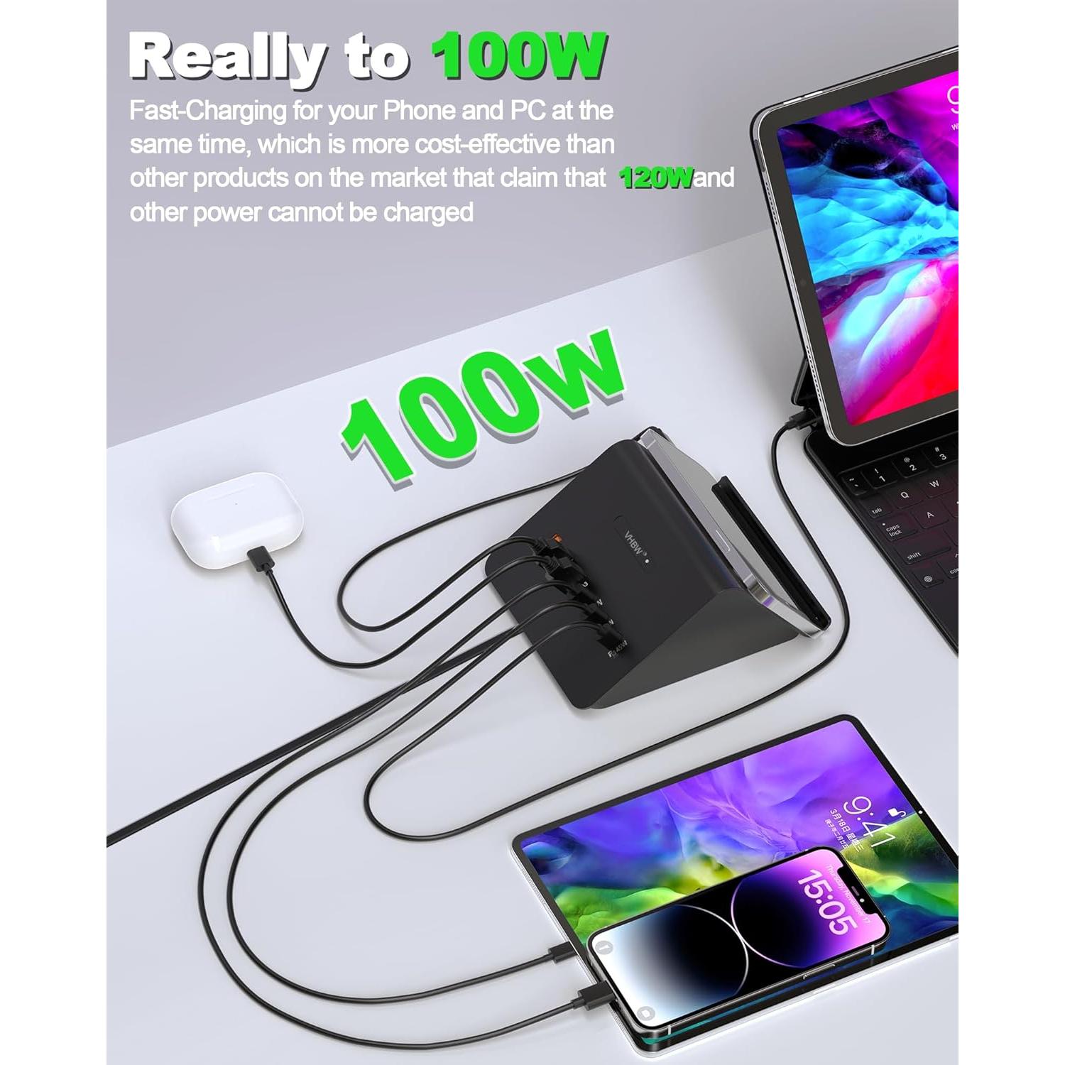 Estación de Carga USB C 100W SOLOPEN con Cargador Inalámbrico 15W