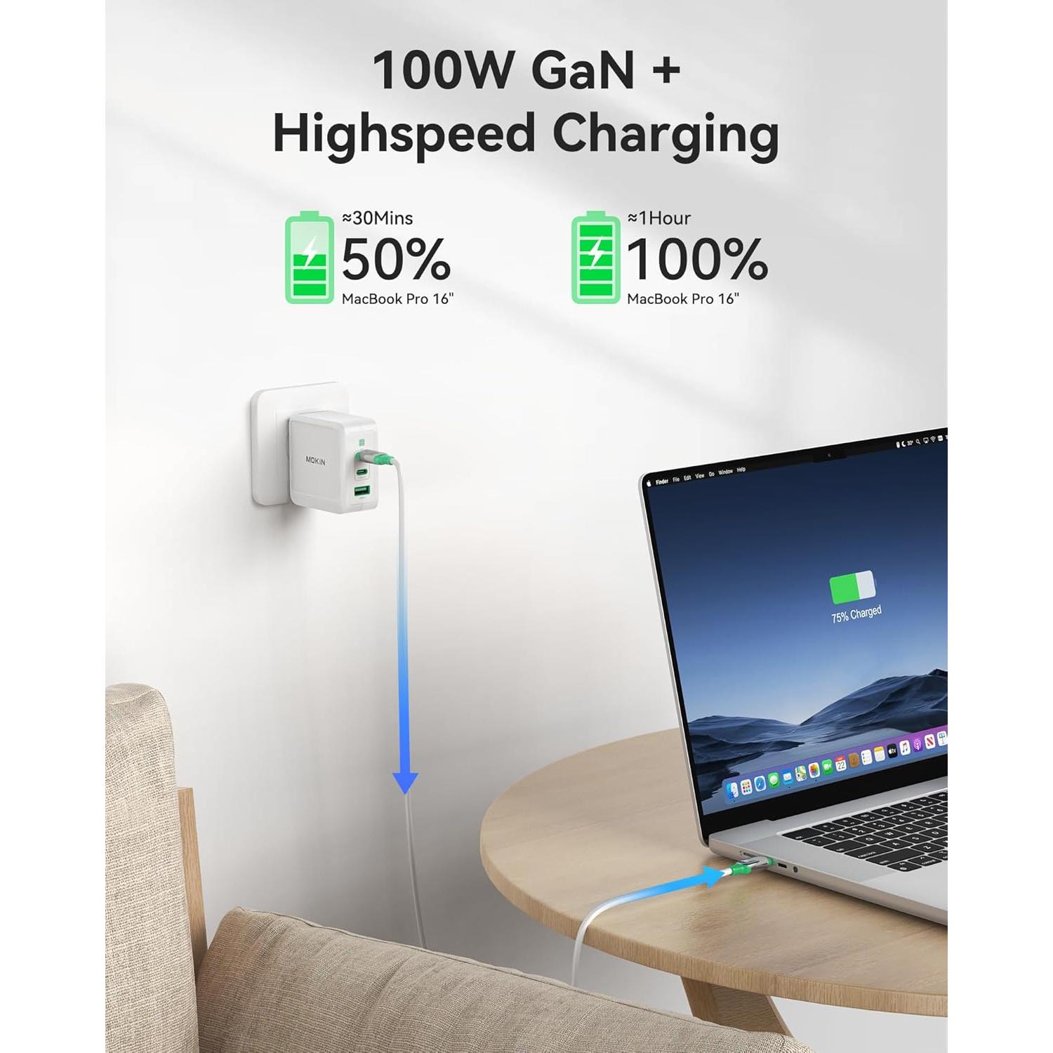 Cargador USB C 100W C-Smartlink Plegable Rápido 3 Puertos