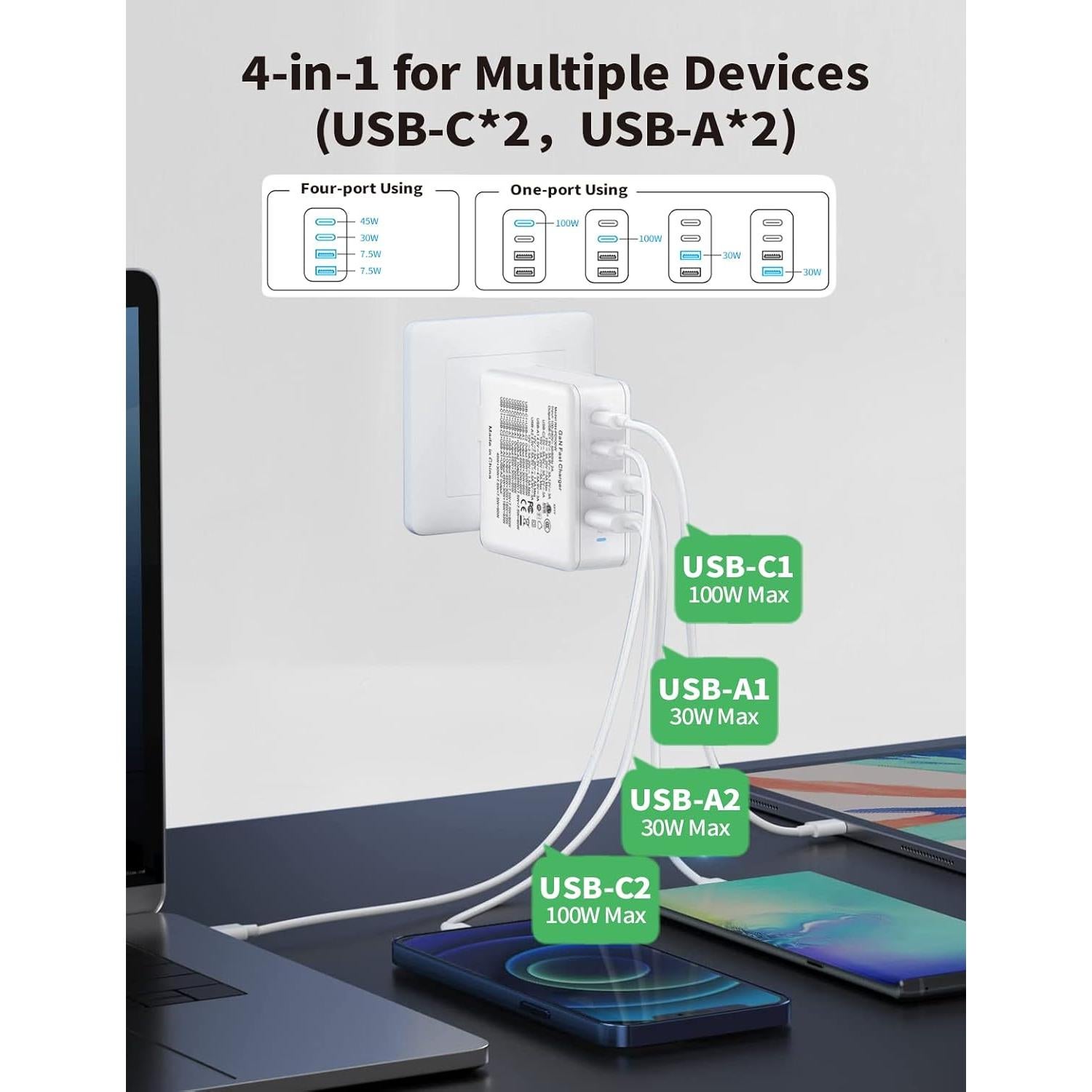 Cargador USB C 100W GaN 4 Puertos Seguridad-01 Rápido