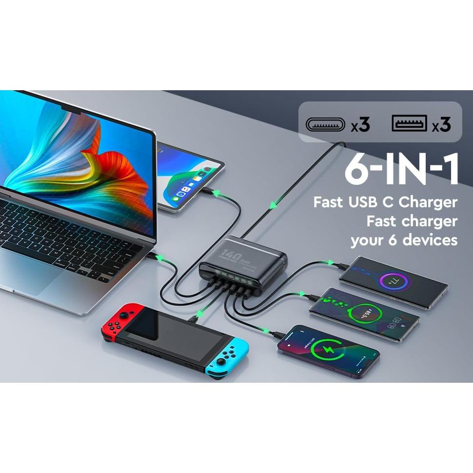 Cargador GaN 140W LDNIO Estación de Carga 6 Puertos USB-C/A
