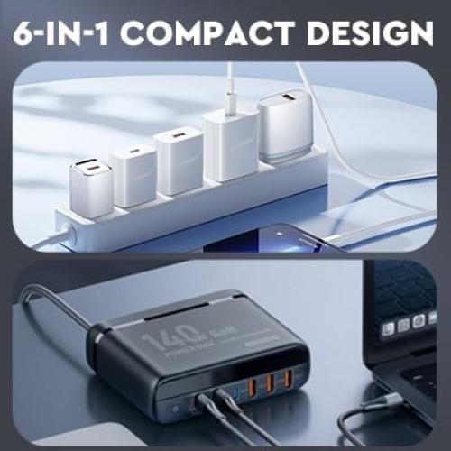 Cargador GaN 140W LDNIO Estación de Carga 6 Puertos USB-C/A