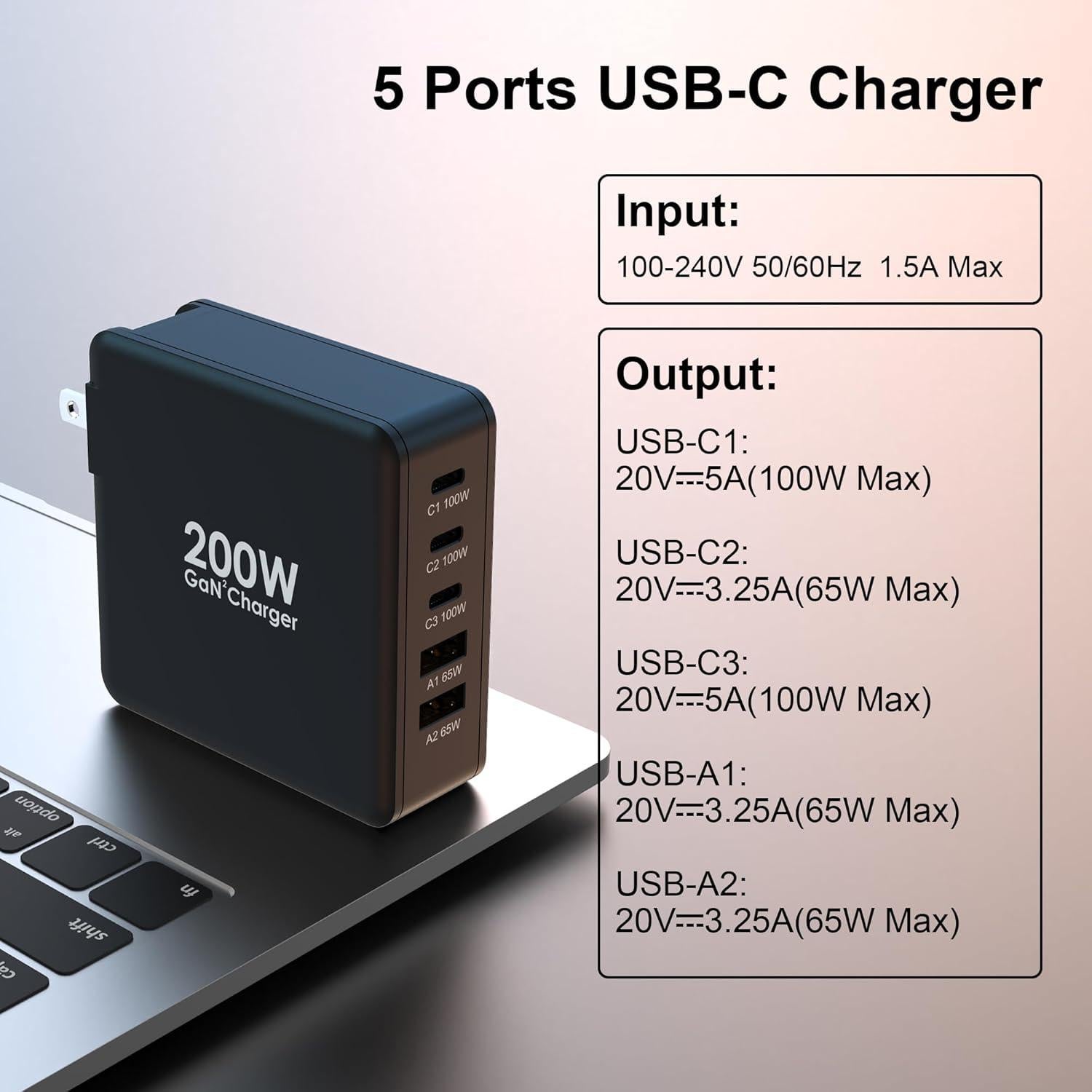 Cargador Rápido USB C 200W ShenZhen Ugoodbuy 5 Puertos