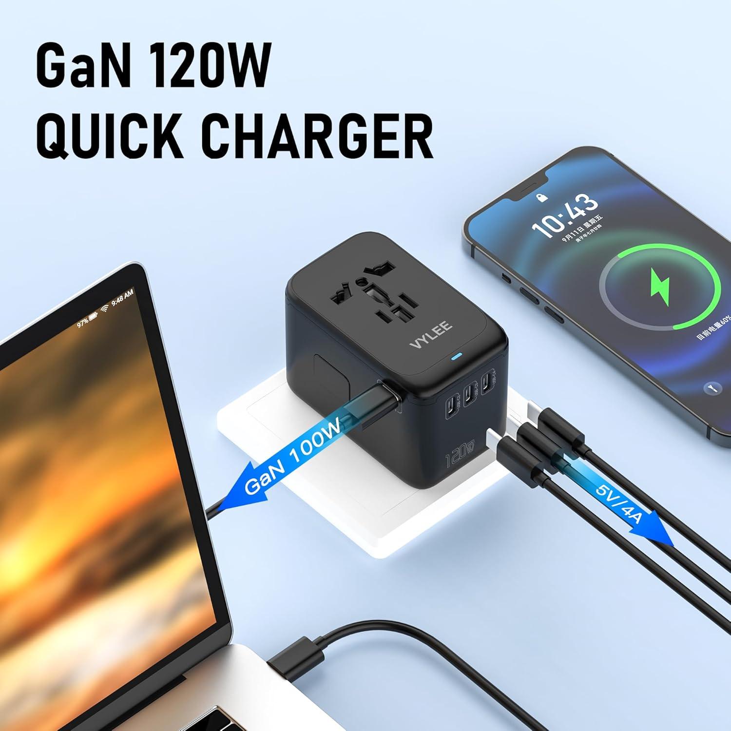 Adaptador de Viaje Universal 120W VYLEE con 4 USB-C y AC