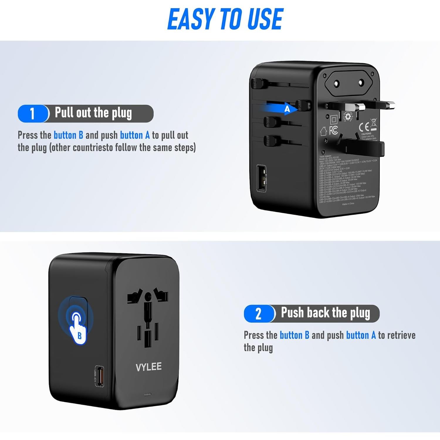 Adaptador de Viaje Universal 120W VYLEE con 4 USB-C y AC