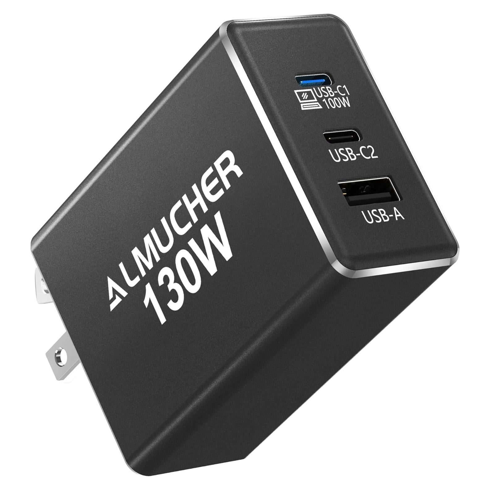 Cargador USB C 130W ALMUCHER 3 Puertos Plegable Negro