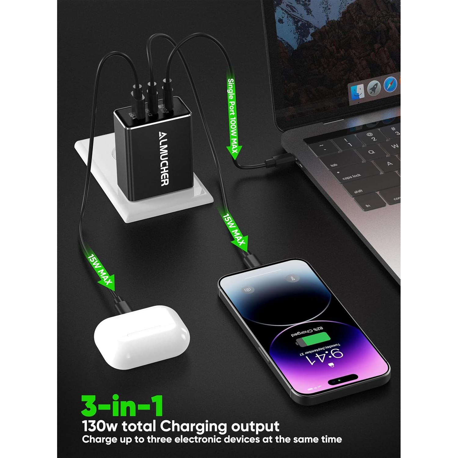 Cargador USB C 130W ALMUCHER 3 Puertos Plegable Negro