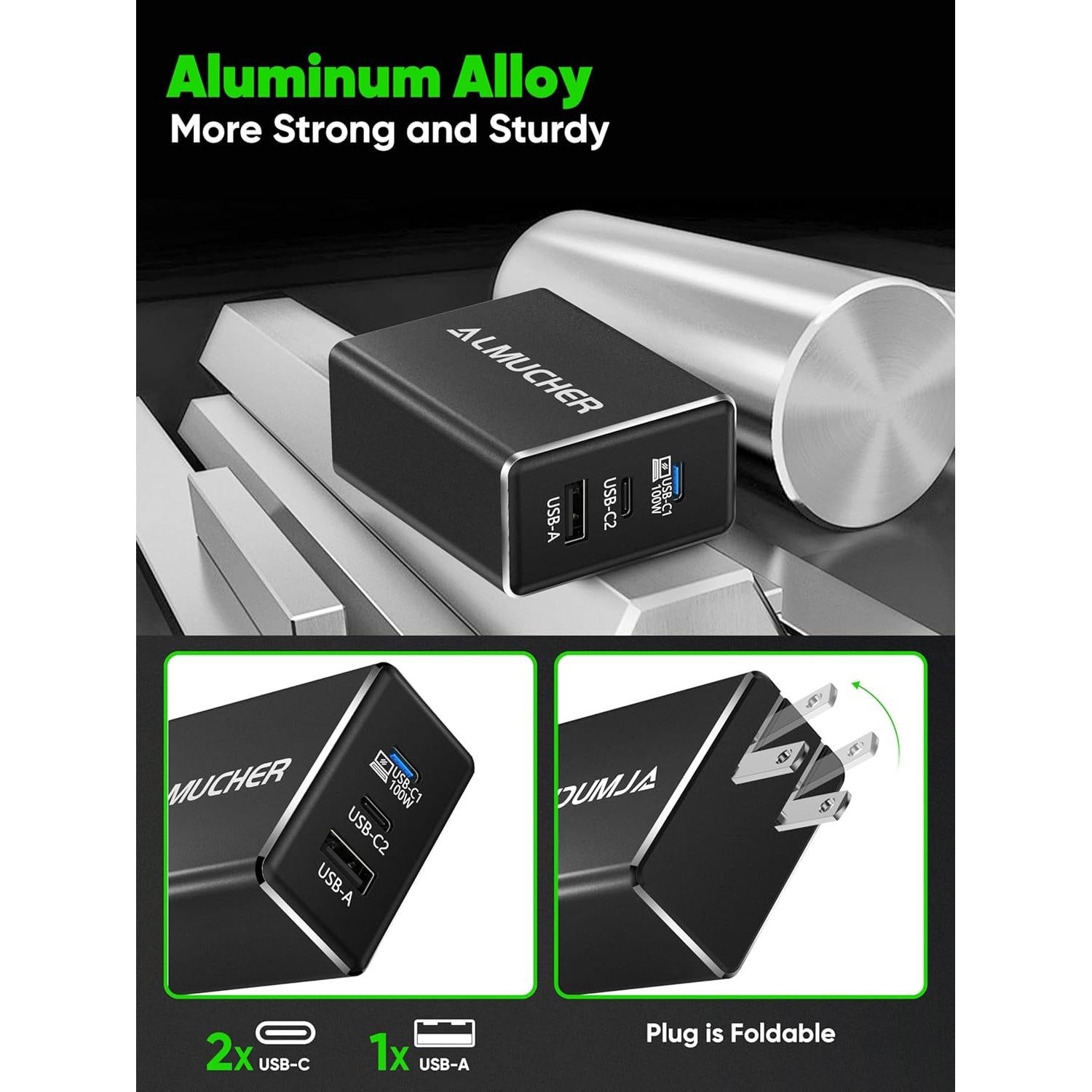 Cargador USB C 130W ALMUCHER 3 Puertos Plegable Negro