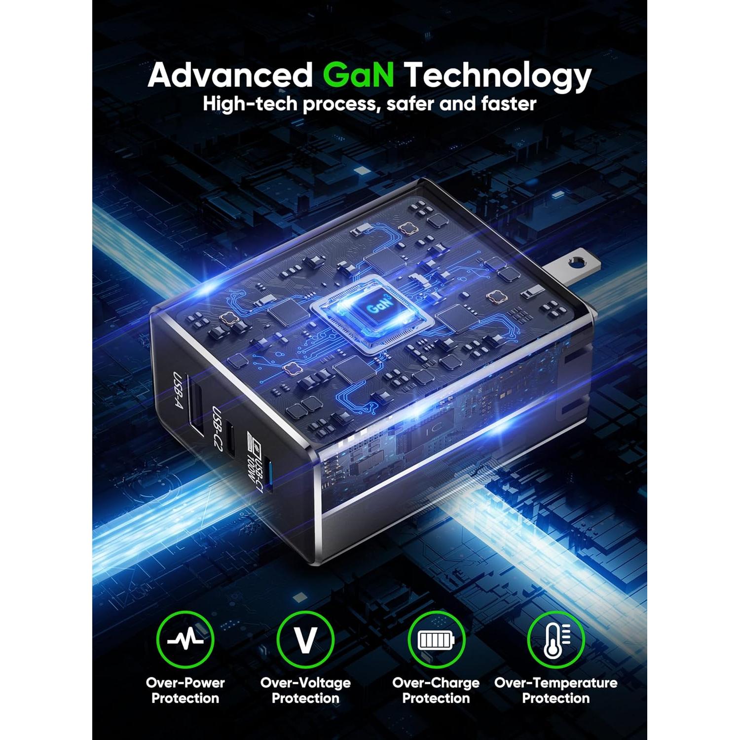 Cargador USB C 130W ALMUCHER 3 Puertos Plegable Negro