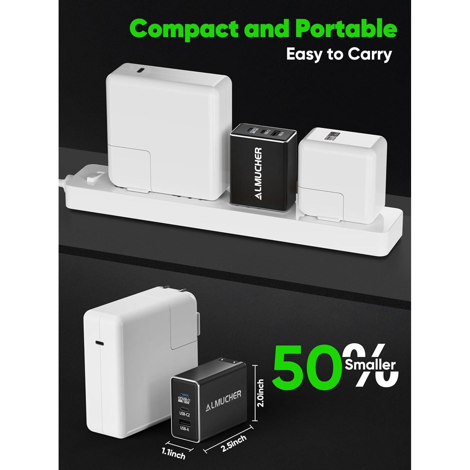 Cargador USB C 130W ALMUCHER 3 Puertos Plegable Negro