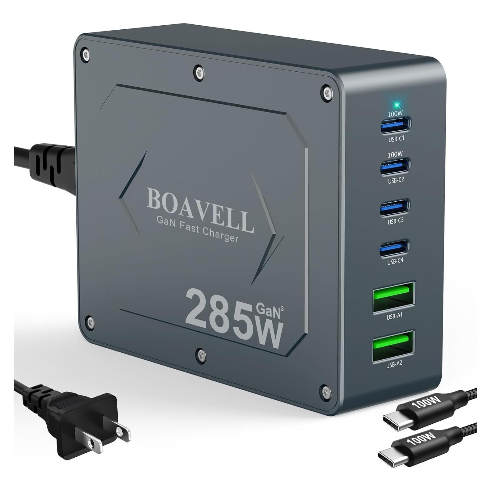 Cargador USB C BOAVELL 285W 6 Puertos Rápido GaN