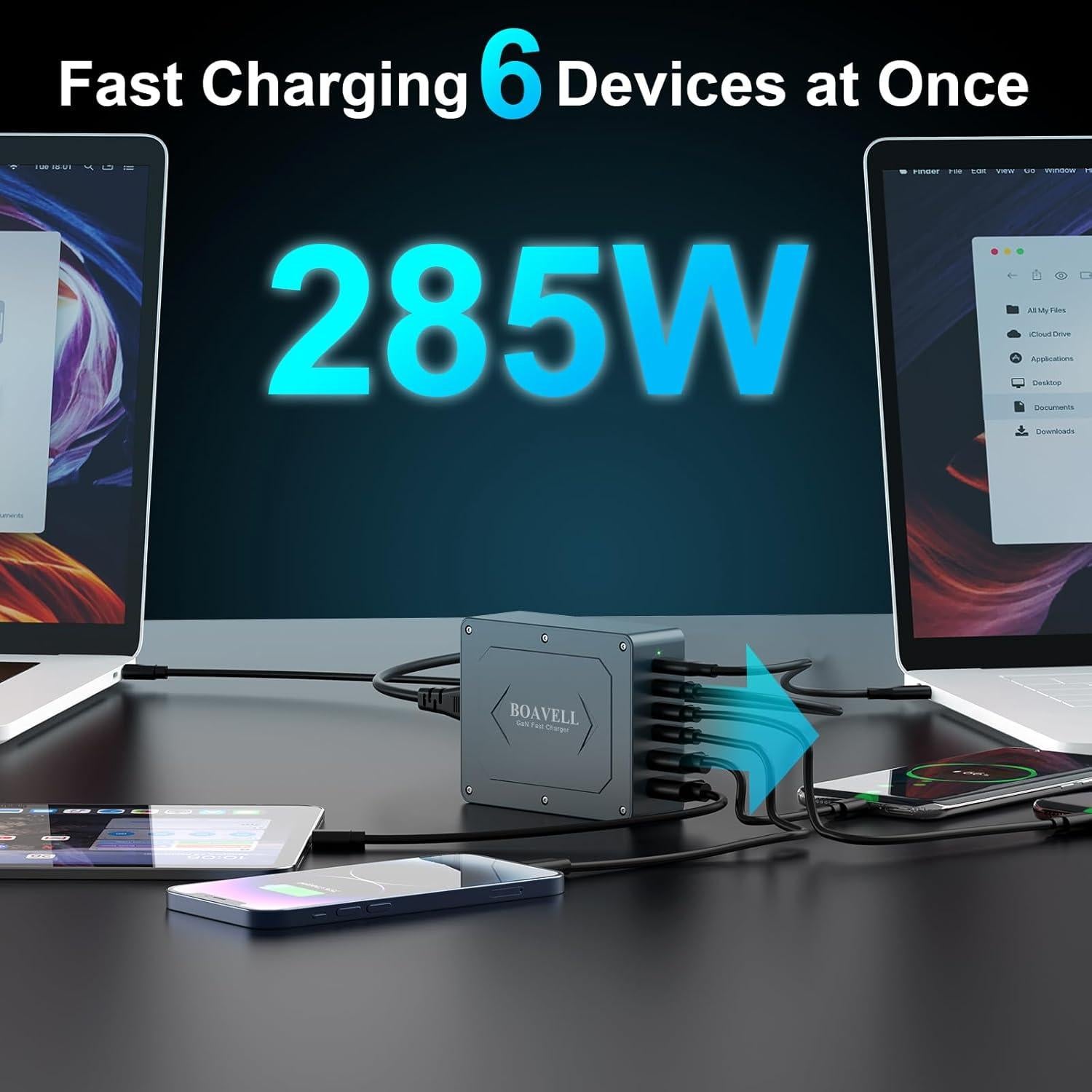 Cargador USB C BOAVELL 285W 6 Puertos Rápido GaN