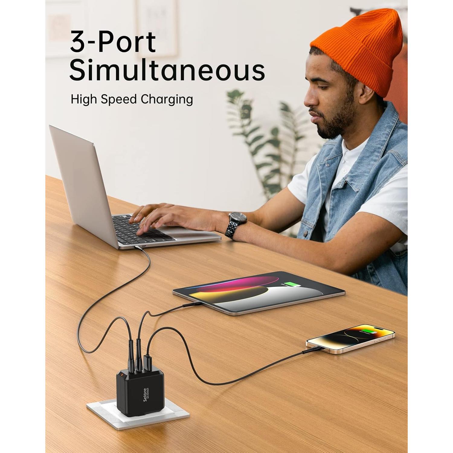 Cargador USB-C Rápido 67W SELORE Plegable 3 Puertos